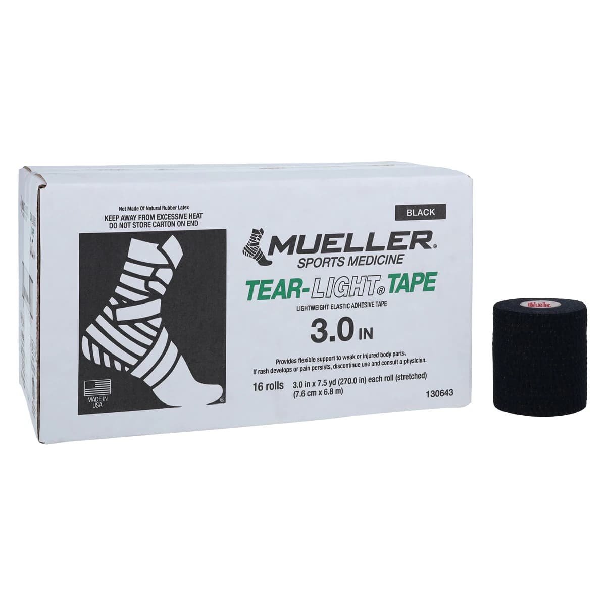 Mueller Tear-Light Elastic Athletic Tape, 3" x 7.5 yd, Black, Non-Sterile, 16/Case - Tear-Light Elastic Bk - Image 1