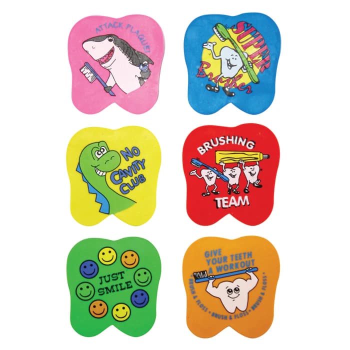 Sherman Specialty Tooth Shaped Erasers, 1.5", Assorted Designs with Dental Sayings, 72/Pkg, T15 - 1.5" Tooth Mess Erasers - Asst (72) - Image 1