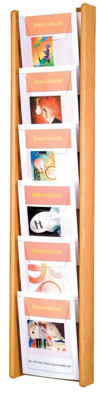 Stance Wall Magazine Display, 6 Pockets, Light Oak Wood/Acrylic, 48 in x 11 in x 3 in - Mag Rack 6-Pckt Lt Oak Acrylic - Image 1