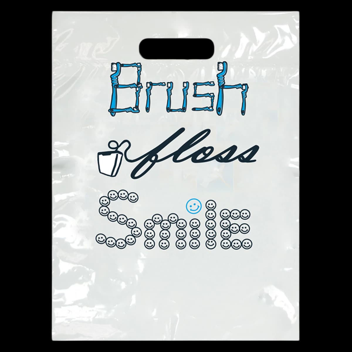 Sherman Specialty Brush, Floss, Smile Large Patient Take-Home Bag, 9" x 13", Blue/White, 100/Pkg, LBG11 - Brush, Floss, Smile, 9" x 13", 100/Pkg, LBG11 - Image 1