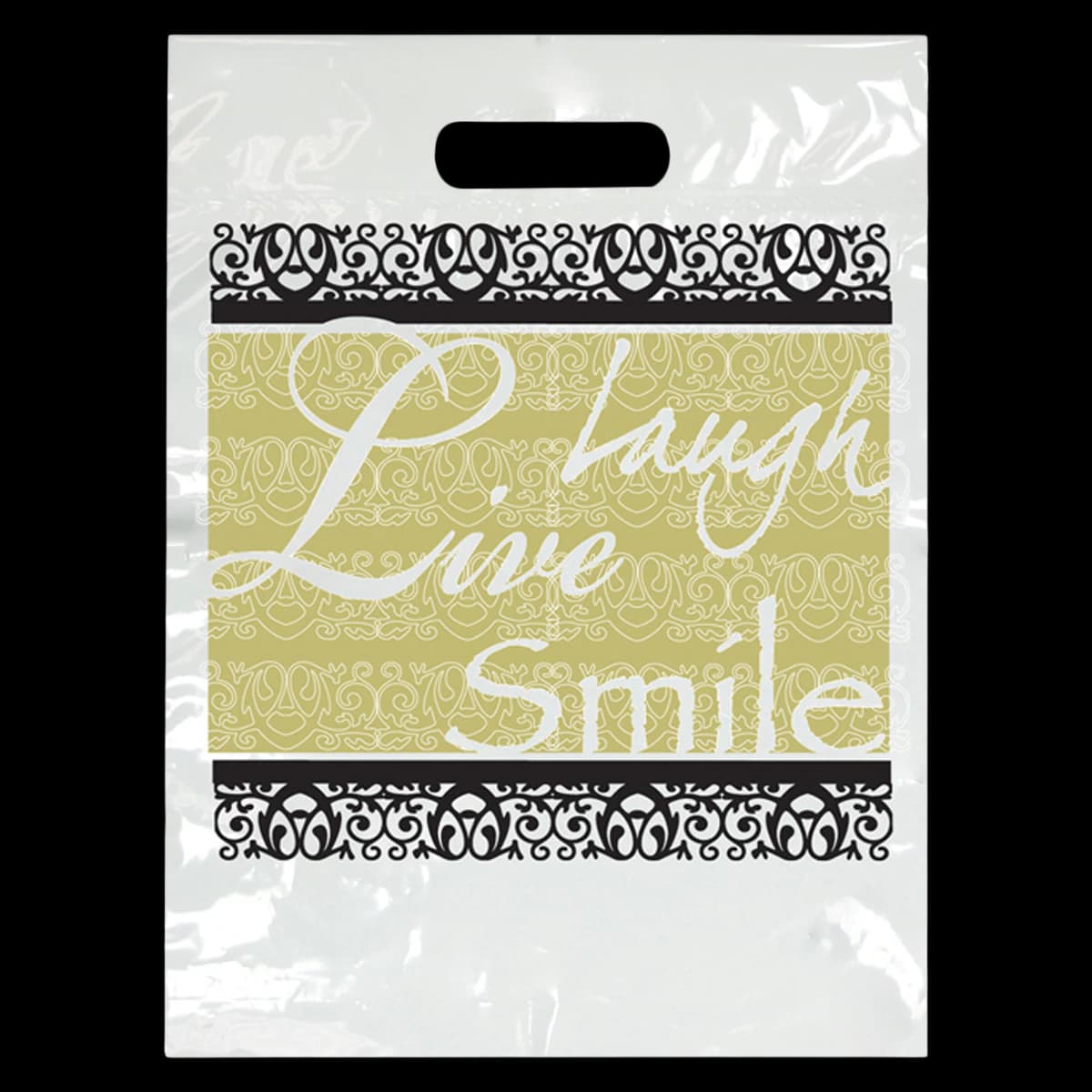 Sherman Specialty Fancy Laugh Take-Home Bags, Laugh Live Smile, White, 9" x 13", 100/Pkg, LBG98 - Specialty Scatter Bags, Laugh, Live, Smile, 9" x 13", 100/Pkg, LBG98 - Image 1