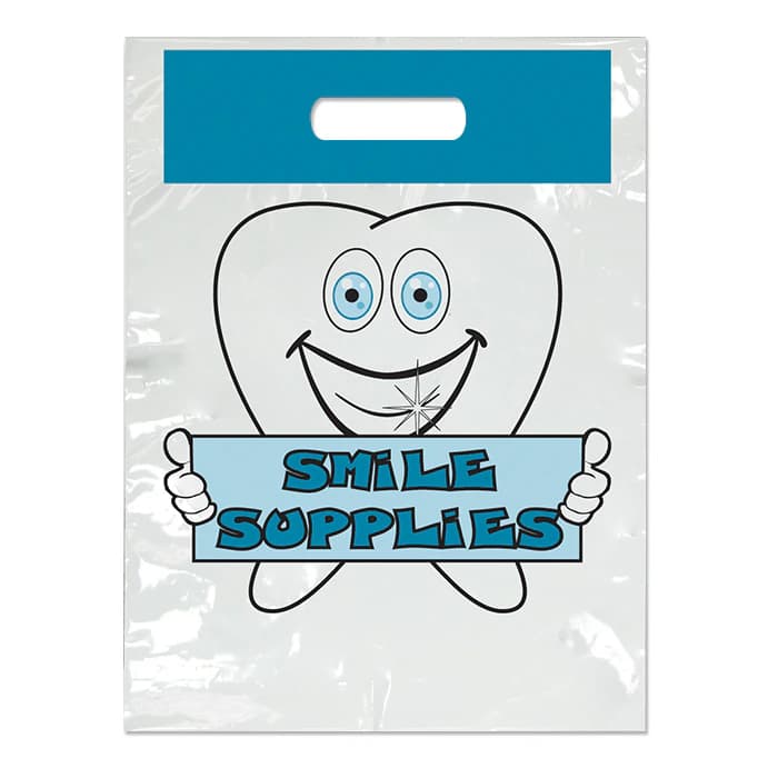 Smile Supplies Small Patient Bags, 2-Color Brush Blue, White, 7.5" x 9", 100/Pack - Bag 2-Color Brush Blue Smile - Image 1