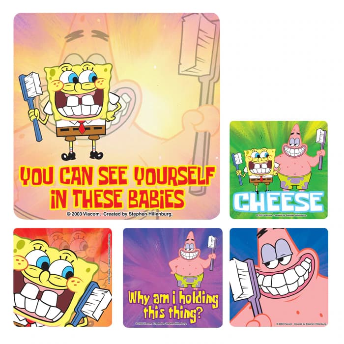 SpongeBob with Toothbrush Dental Stickers, 2.5" Square, 100/Roll, PS247 - SpongeBob with Toothbrush Dental Stickers 100/Roll - Image 1