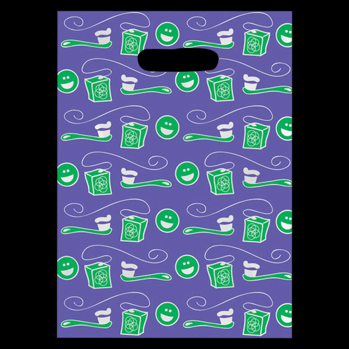 Sherman Specialty Scatter Bags, Smiley Face with Toothbrush & Floss, Clear, 7.5" x 10", 100/Pkg, 98ZE - Specialty Scatter Bags, Purple Scatter Bag with Smile, Brush & Floss, 7.5" x 10", 100/Pkg., 98ZE - Image 1