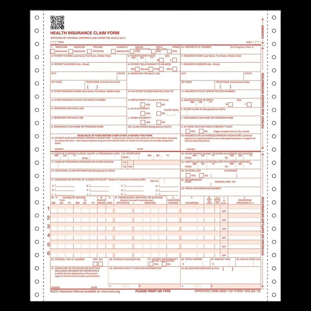 CMS-1500 1-Part Continuous Insurance Claim Forms, 2012 Version, 8.5" x 11", White, 1000/Package - CMS-1500 1-Part Continuous - Image 1