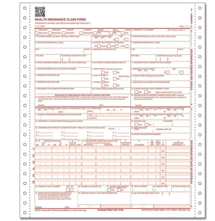 CMS-1500 2-Part Continuous Insurance Claim Forms, 2012 Version, 8.5" x 11", White/Canary, 1000/Package - CMS-1500 2-Part Continuous - Image 1