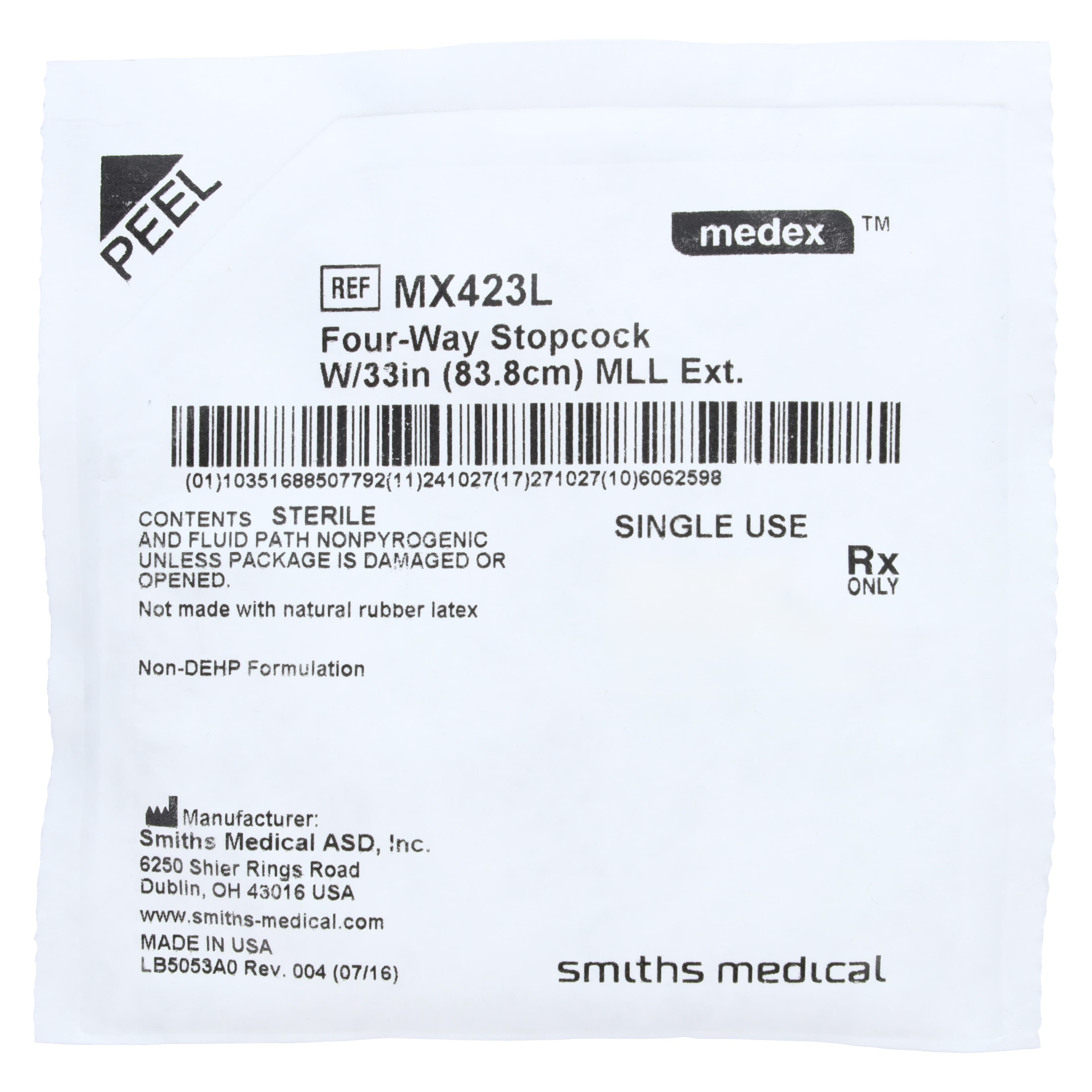 Medex 4-Way Stopcock with 34" Male Luer Lock Adapter, Non-DEHP, Sterile, Disposable, 50/Case thumbnail 2