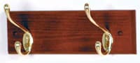 Coat Rack, Mahogany Wood with 2 Brass Hooks, 12 in x 3.5 in x 4.5 in, Each - Coat Rack 2 Brass Hooks - Image 1