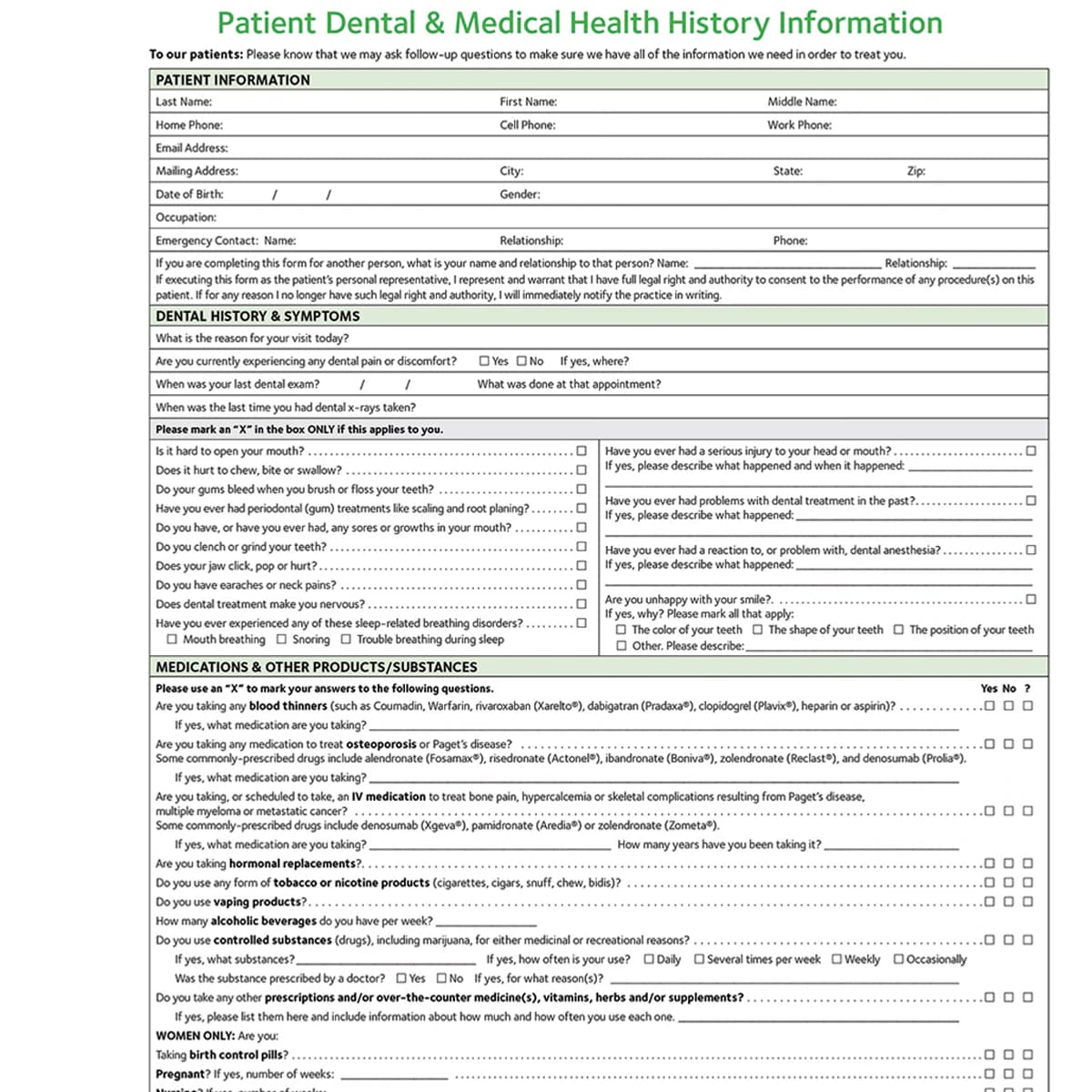ADA Health History Forms 2021, Adult, 2-Sided, 8.5" x 11", White with Green Ink, Pad of 100, 100/Package - Form HealthHist ADA Adult 2021 - Image 1