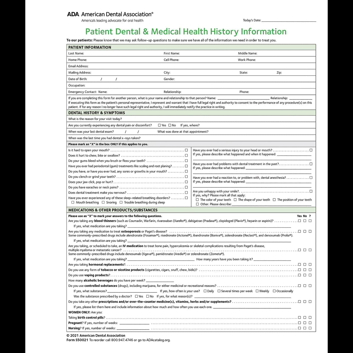 ADA Health History Forms 2021, Spanish, 2-Sided, 8.5" x 11", White Paper with Green Ink, Pad of 100, 100/Package - Form HealthHist ADA Adult 2021 - Image 1