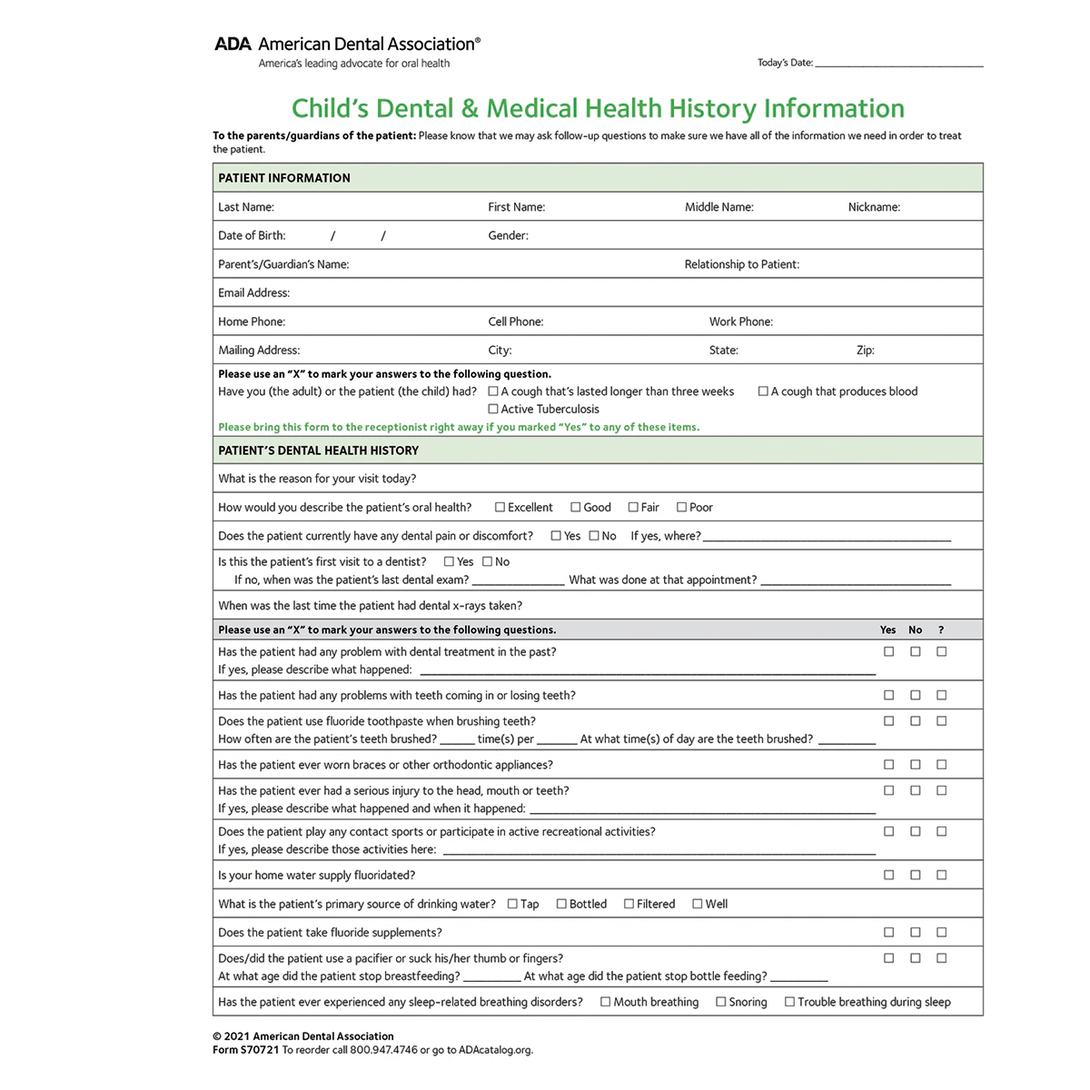 ADA Health History Form, Child, 2021, 2-Sided, 8.5" x 11", White with Green Ink, Pad of 100, 100/Package - Form HealthHist ADA Child 2021 - Image 1