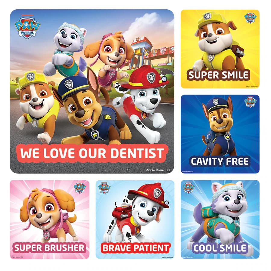 Paw Patrol Dental Stickers, 2.5" x 2.5", Assorted Designs, 100/Roll, PS767 - Paw Patrol Dental Stickers 100/Roll - Image 1
