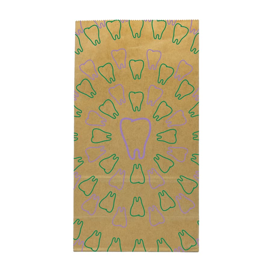 Sherman Specialty Tooth Swirl Brown Paper Lunch Bags, 5.875" x 11" x 3.5", Purple & Green Design, 100/Pack, S8674 - Brown Paper Bag Purple and Green Tooth Swirl 5.875" x 11" x 3.5" Pack of 100 - Image 1