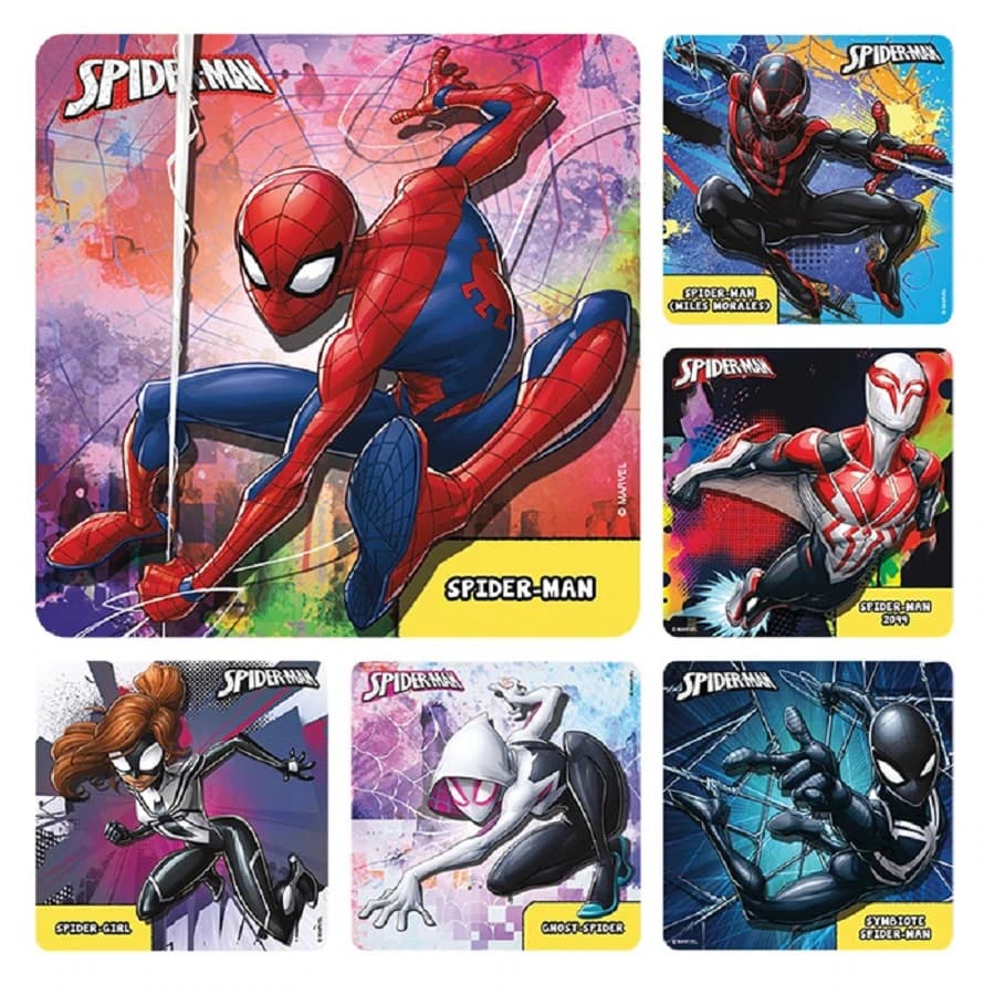 Spider-Man Multiverse Stickers, Assorted 6 Designs, 2.5" x 2.5", 100 per Roll, PS792 - Spider-man Multiverse Stickers Assorted (100) - Image 1