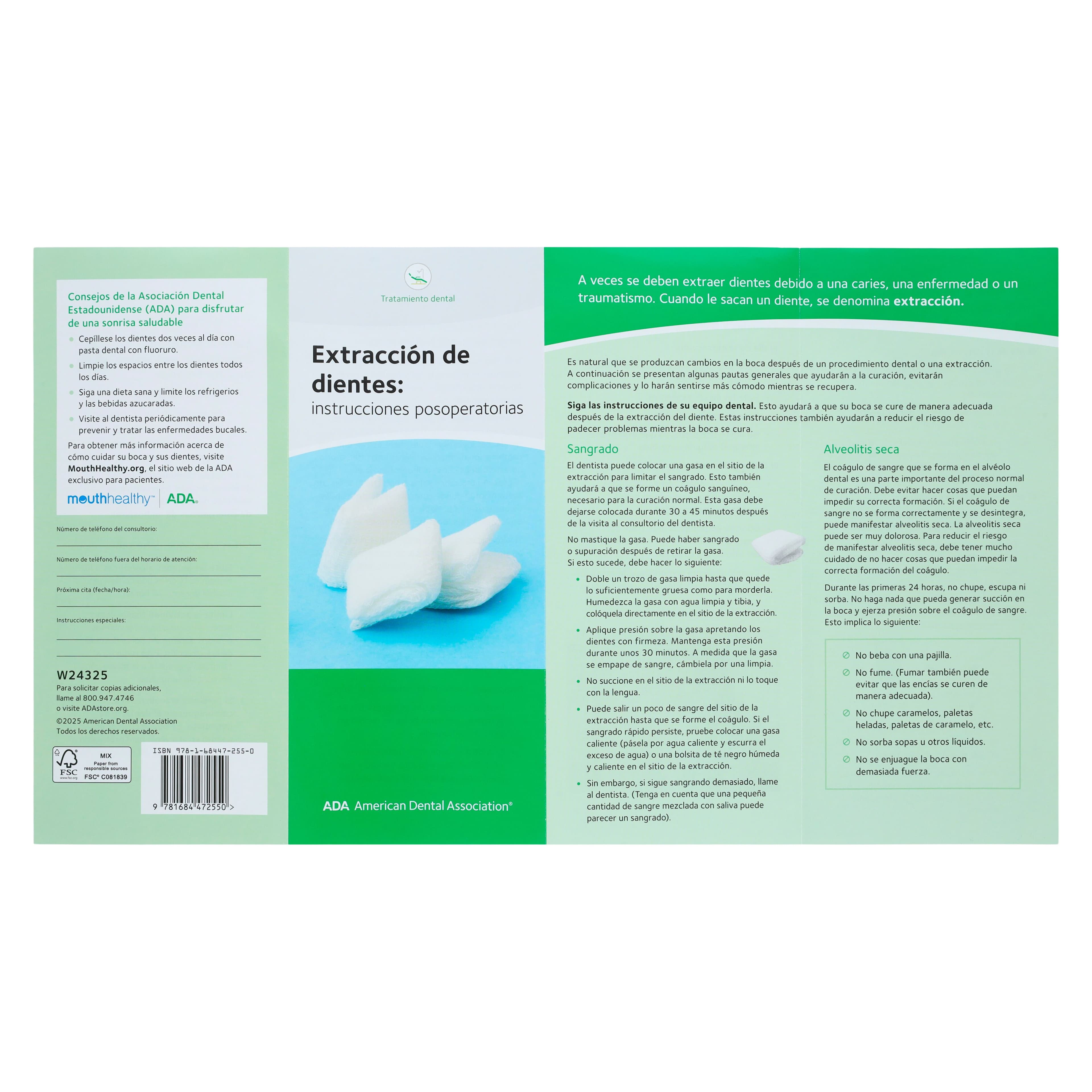 ADA Tooth Extraction Post-Operative Instructions Brochure, Spanish, 50/Package thumbnail 2