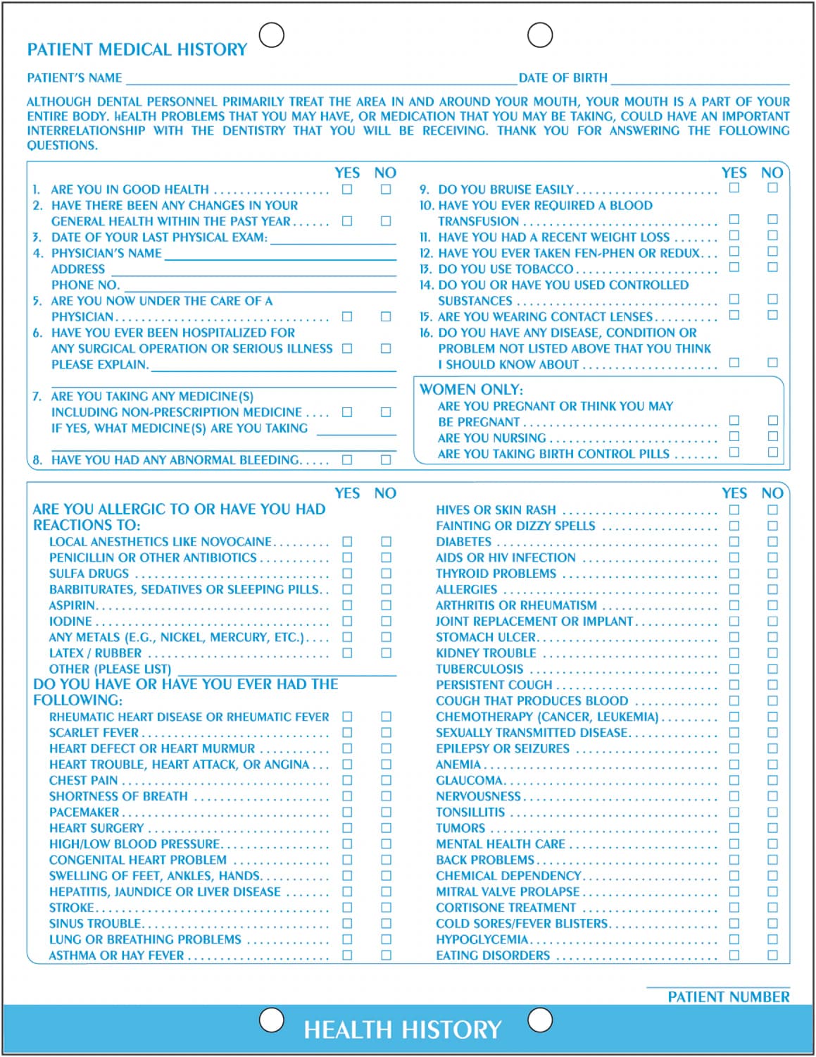 Wilmer Health History Charting Form, 2-Sided, 8.5 x 11 in, White with Blue Ink, 100/Pk - Health History Charting Form - Image 1