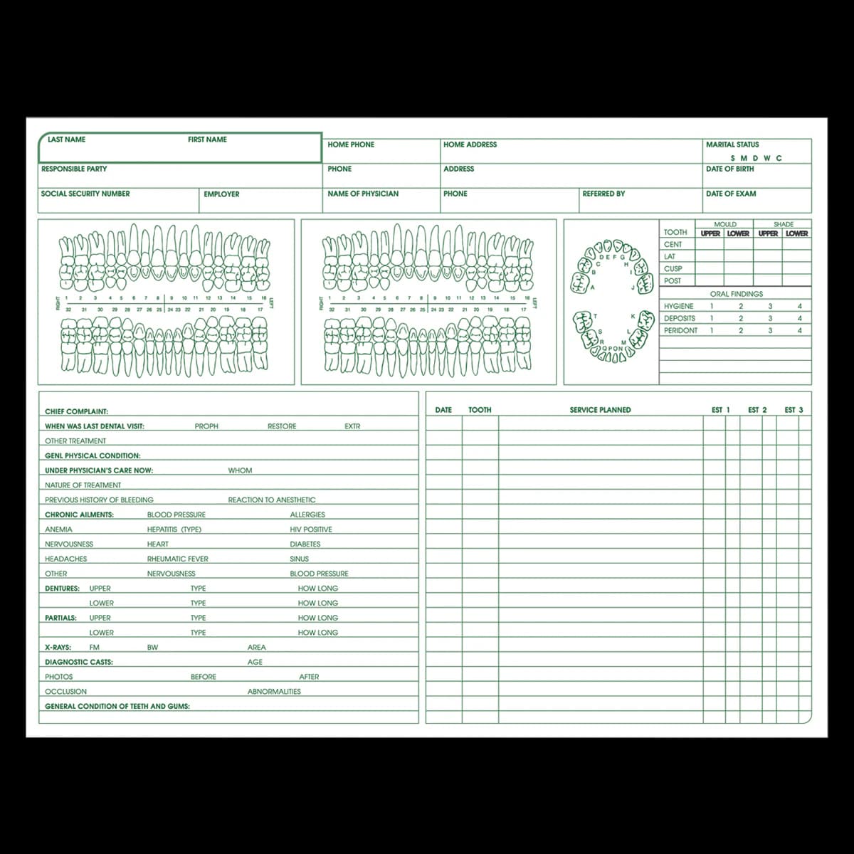 Wilmer Dental Record Forms, Green Ink, 2-Sided, 8.5 x 11 in, 80 Lb Offset Opaque Stock, 100/Box - Dental Record Forms Green Ink - Image 1