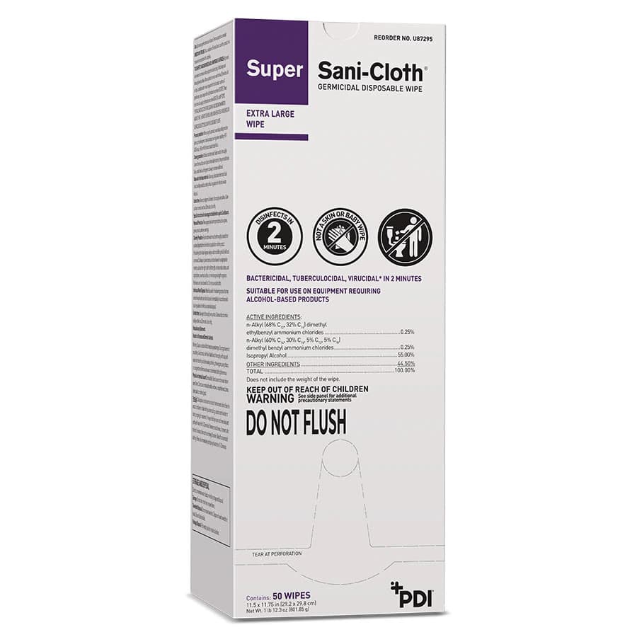 Super Sani-Cloth Germicidal Disposable Wipe, X-Large, 11.5" x 11.75", Individual Packets, 50/Box, U87295 - Super Sani-Cloth Surface Disinfectant Cleaner 50 Count Individual Packet - Image 1