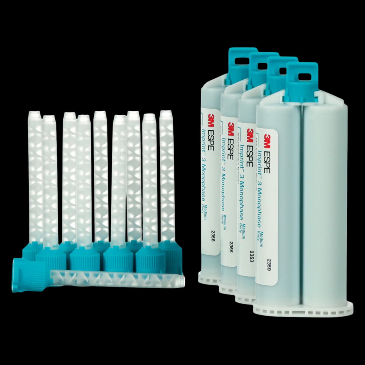 3M™ Imprint™ 3 VPS Impression Material, Monophase Medium Body, Refill Pack of 4 x 50 mL Cartridges with 10 Mixing Tips, 10781 - 3M™ Imprint™ 3 Monophase Medium Body VPS Impression Material Refill Pack of 4 - Image 1