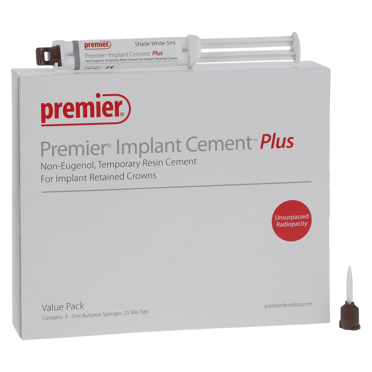 Premier Implant Cement Plus, White, Value Pack (3 x 5 mL Automix Syringes + 25 Tips), #3001556 - Implant Cement Plus Value Syr Wht 5mL & Tips (3) - Image 1