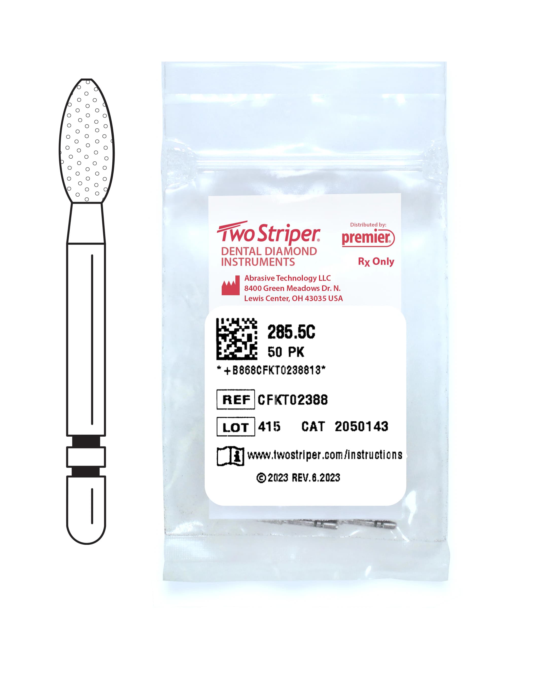 Two Striper® Diamond Bur FG, Coarse, Green, Football #285.5C, 2.3 mm Major/0.7 mm Minor Diameter, 5.0 mm Length, 50/Pkg, 2050143 - Two Striper® Diamond Burs – FG, Coarse, Green, Football - # 285, 2.3 mm Major/0.7 mm Minor Diameter, 5.0 mm Length, 50/Pkg - Image 1