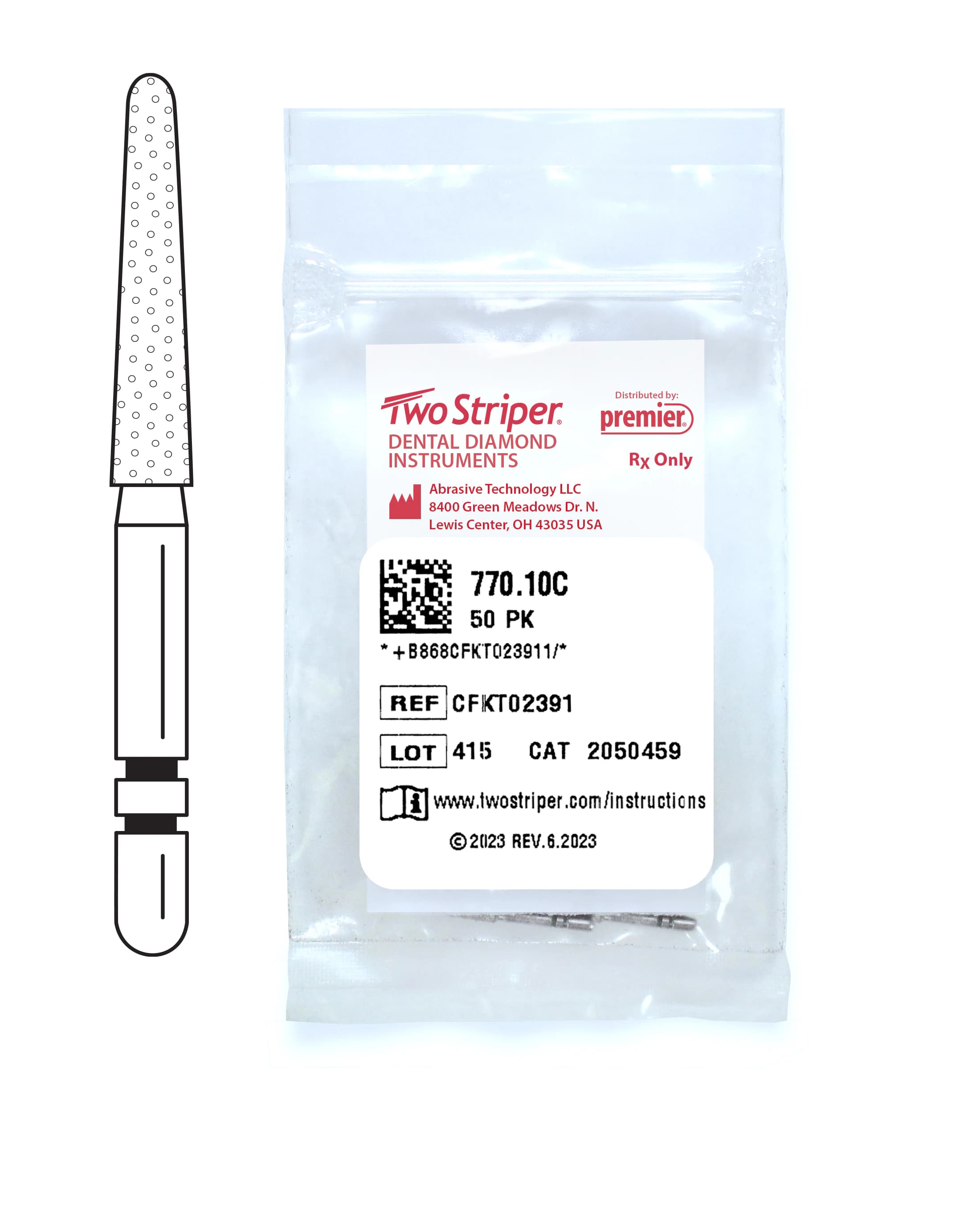 Two Striper Diamond Bur FG, Coarse, Round End Taper, #770.10C, 1.8 mm Major/1.1 mm Minor Diameter, 10 mm Length, 50/Pkg, 2050459 - Two Striper Diamond Burs – FG, Coarse, Green, Taper Round End, 5/Pkg - # 770, 1.8 mm Major/1.1 mm Minor Diameter, 10.0 mm Length, 50/Pkg - Image 1