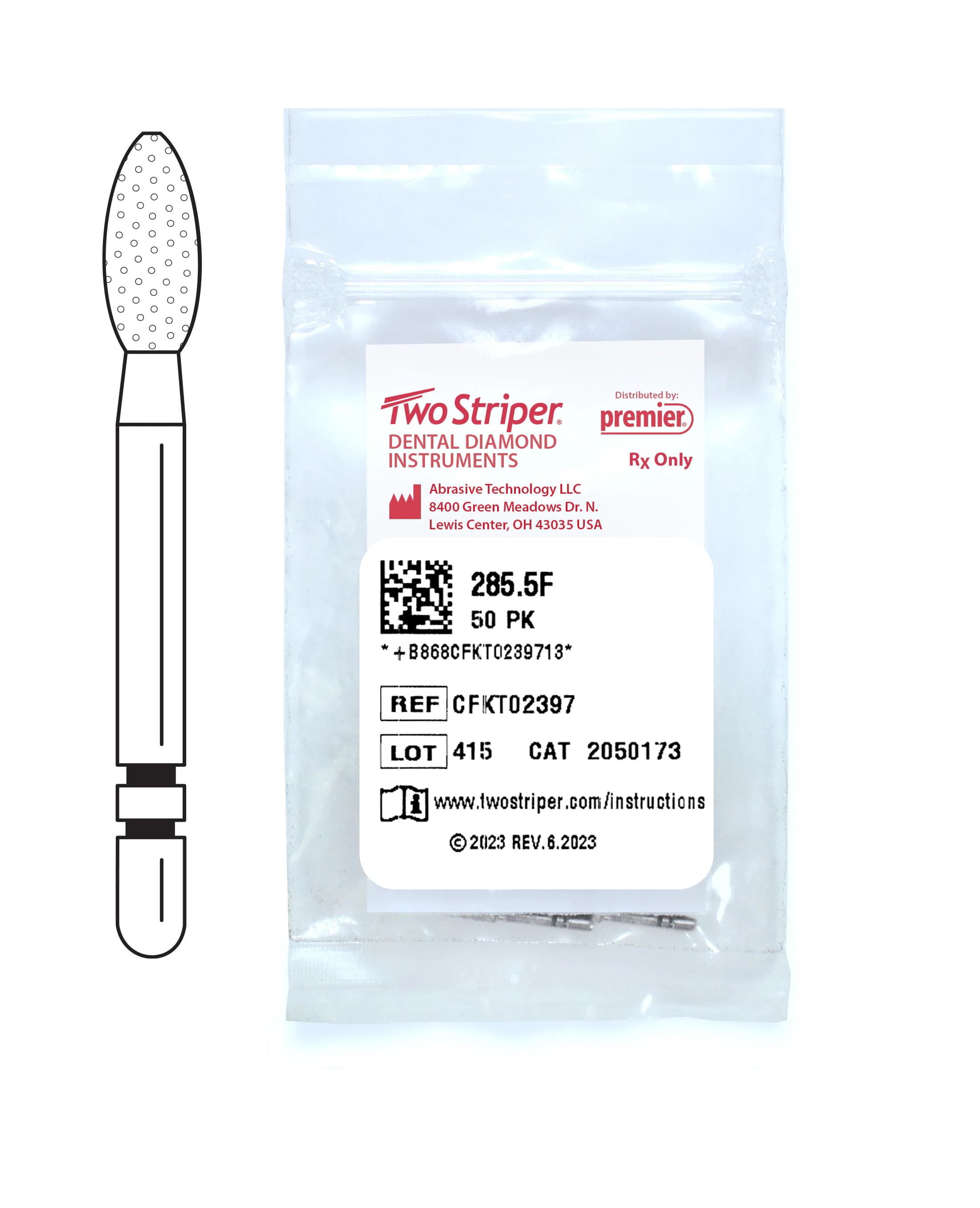 Two Striper® Diamond Bur FG, Fine, Red, Football #285.5F, 2.3 mm Major/0.7 mm Minor Diameter, 5.0 mm Length, 50/Pkg, 2050173 - Two Striper® Diamond Burs – FG, Fine, Red, Football - # 285, 2.3 mm Major/0.7 mm Minor Diameter, 5.0 mm Length, 50/Pkg - Image 1