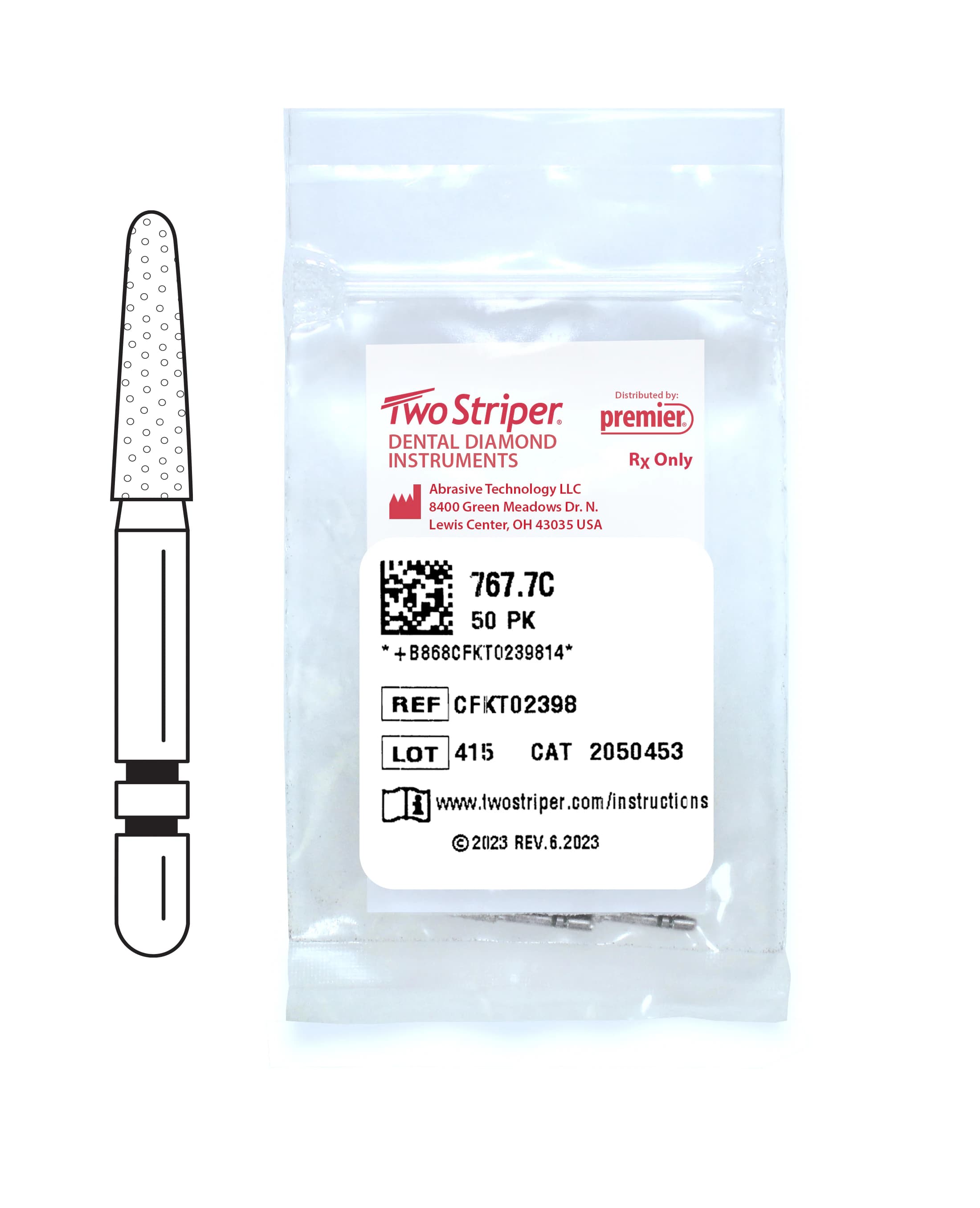 Two Striper Diamond Bur FG, Coarse, Round End Taper, #767.7C, 1.8 mm Major/1.1 mm Minor Diameter, 7.0 mm Length, 50/Pkg, 2050453 - Two Striper Diamond Burs – FG, Coarse, Green, Taper Round End, 5/Pkg - # 767, 1.8 mm Major/1.1 mm Minor Diameter, 7.0 mm Length, 50/Pkg - Image 1