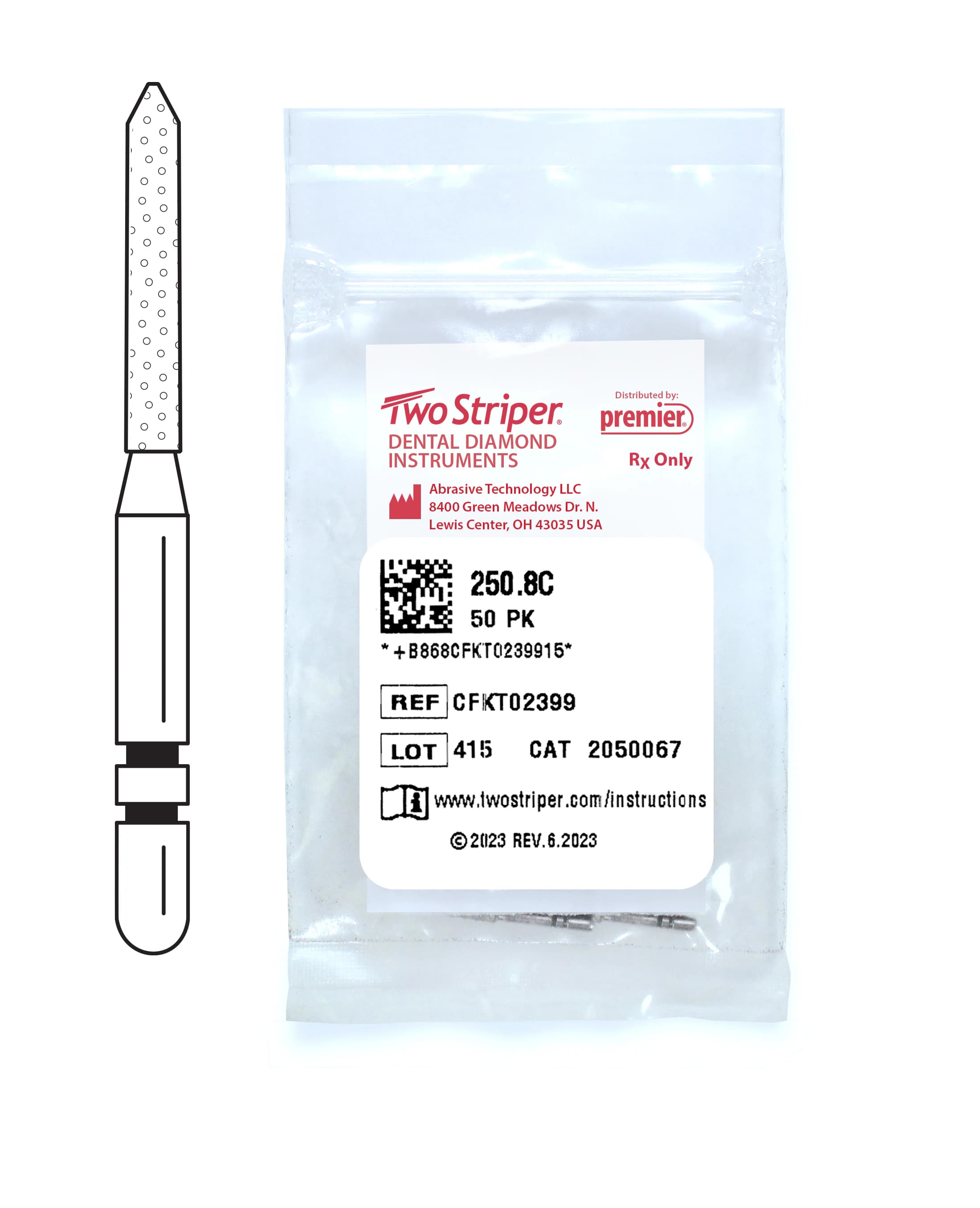 Two Striper® Diamond Bur FG, Coarse, Green, Cylinder Bevel End - #250.8C, 1.2 mm Major/0.4 mm Minor Diameter, 8.0 mm Length, 50/Pkg, 2050067 - Two Striper® Diamond Burs – FG, Coarse, Green, Cylinder Bevel End - # 250, 1.2 mm Major/0.4 mm Minor Diameter, 8.0 mm Length, 50/Pkg - Image 1
