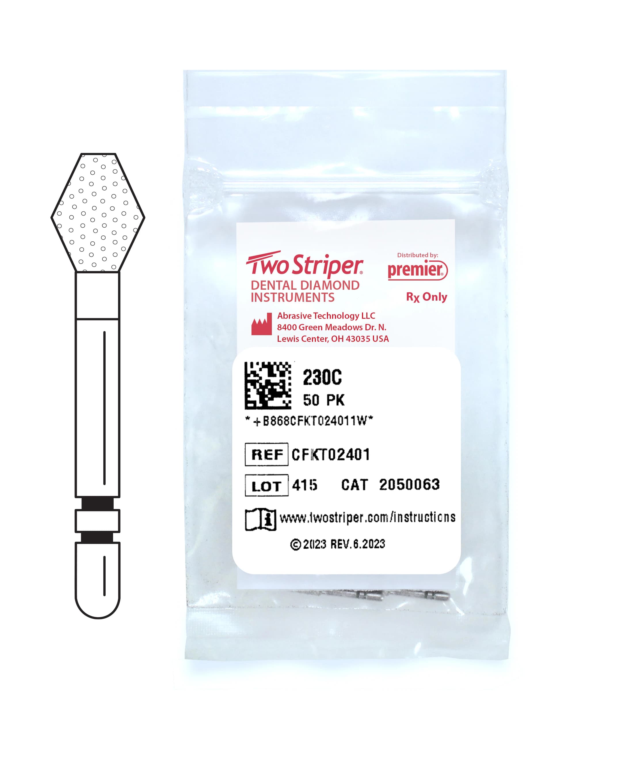 Two Striper® Diamond Bur FG, Coarse, Green, Barrel #230, 3.4 mm Major/1.3 mm Minor Diameter, 50/Pkg, 2050063 - Two Striper® Diamond Burs – FG, Coarse, Green, Barrel - # 230, 3.4 mm Major/1.3 mm Minor Diameter, 50/Pkg - Image 1