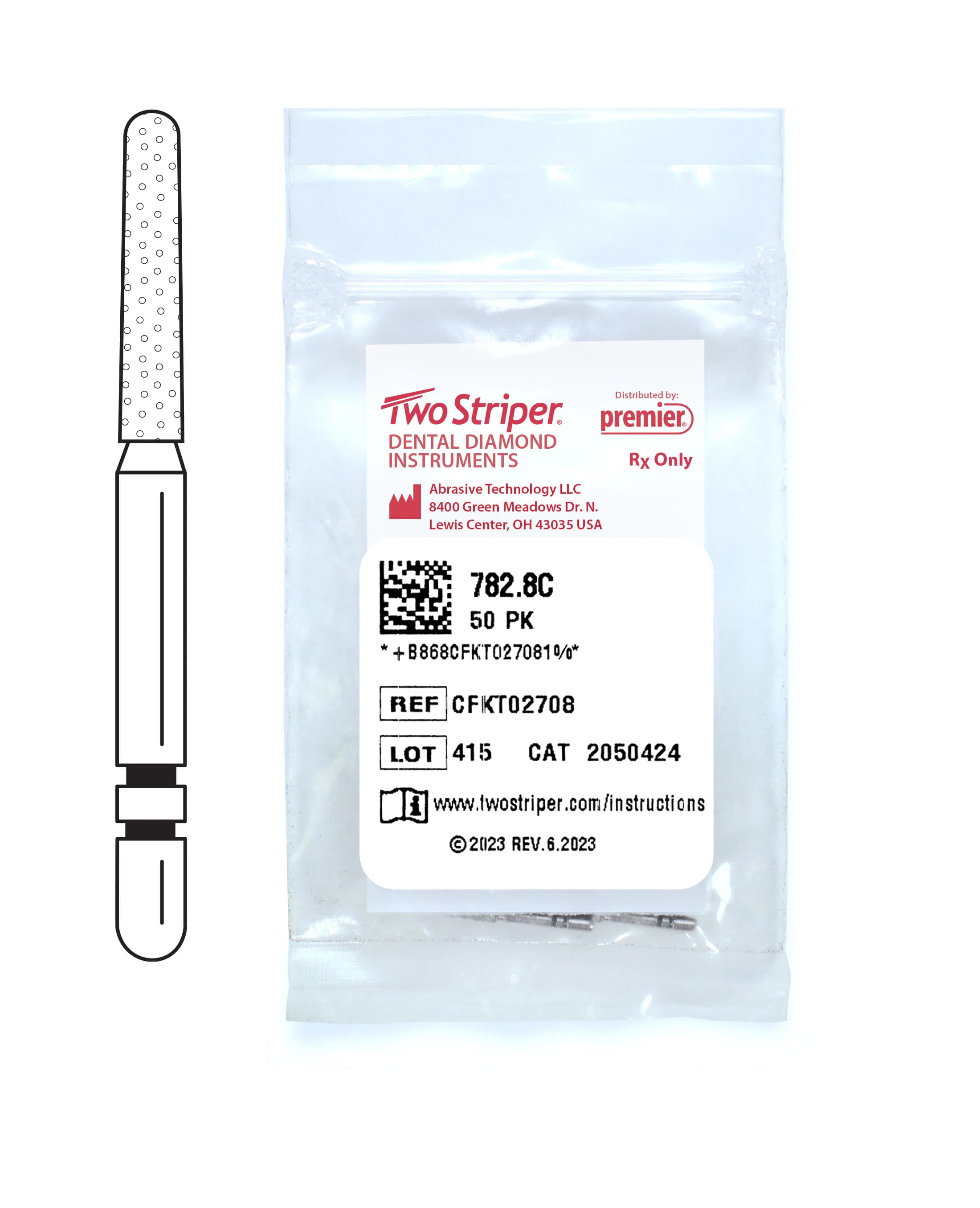 Two Striper Diamond Bur FG, Coarse, Round End Taper, #782.8C, 1.5 mm Major/1.1 mm Minor Diameter, 8.0 mm Length, 50/Pkg, 2050424 - Two Striper Diamond Burs – FG, Coarse, Green, Taper Round End, 5/Pkg - # 782, 1.5 mm Major/1.1 mm Minor Diameter, 8.0 mm Length, 50/Pkg - Image 1