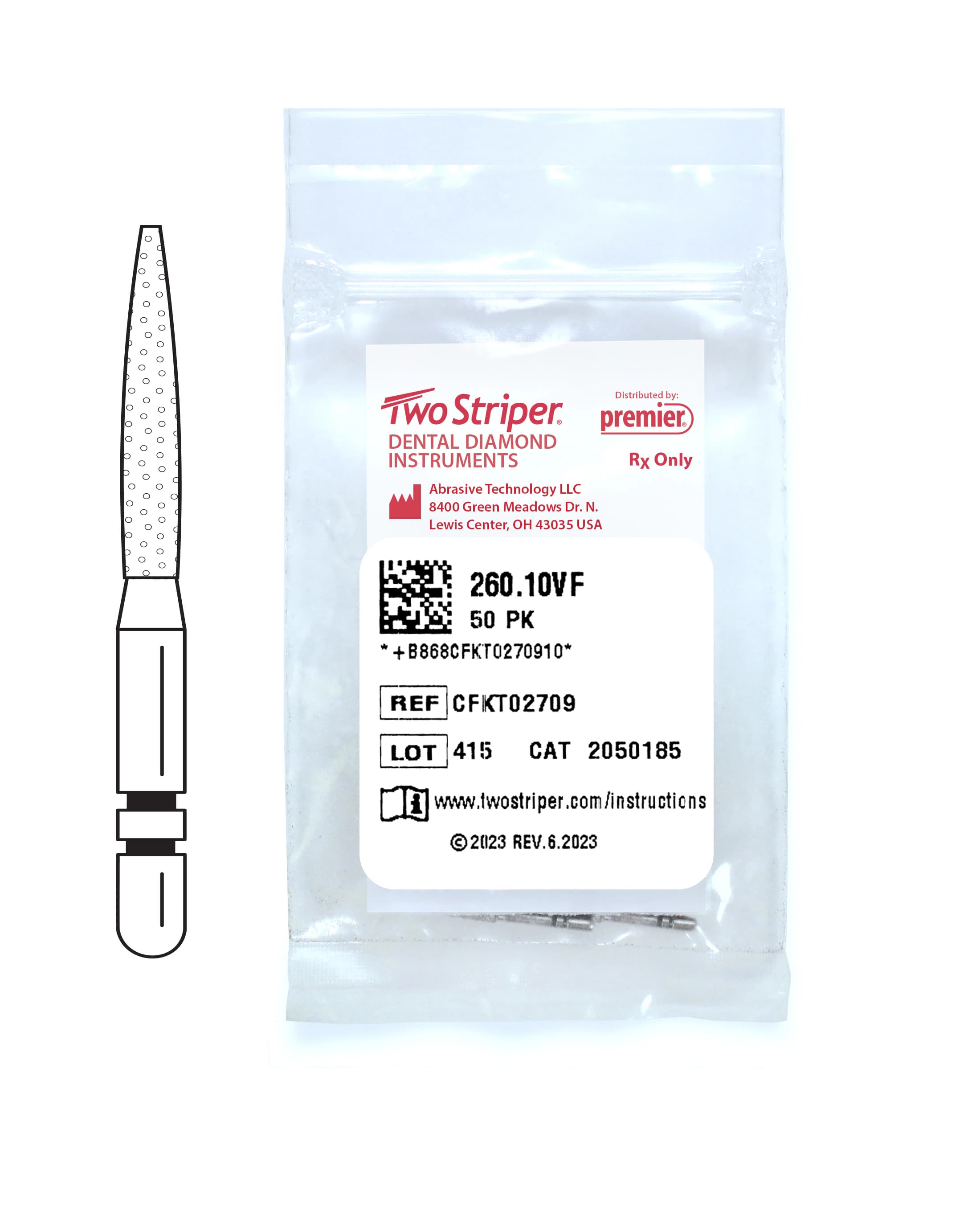 Two Striper® Diamond Bur FG, Very Fine, Flame #260, 1.4 mm Major/0.5 mm Minor Diameter, 10.0 mm Length, 50/Pkg, 2050185 - Two Striper® Diamond Burs – FG, Very Fine, Yellow, Flame - # 260, 1.4 mm Major/0.5 mm Minor Diameter, 10.0 mm Length, 50/Pkg - Image 1