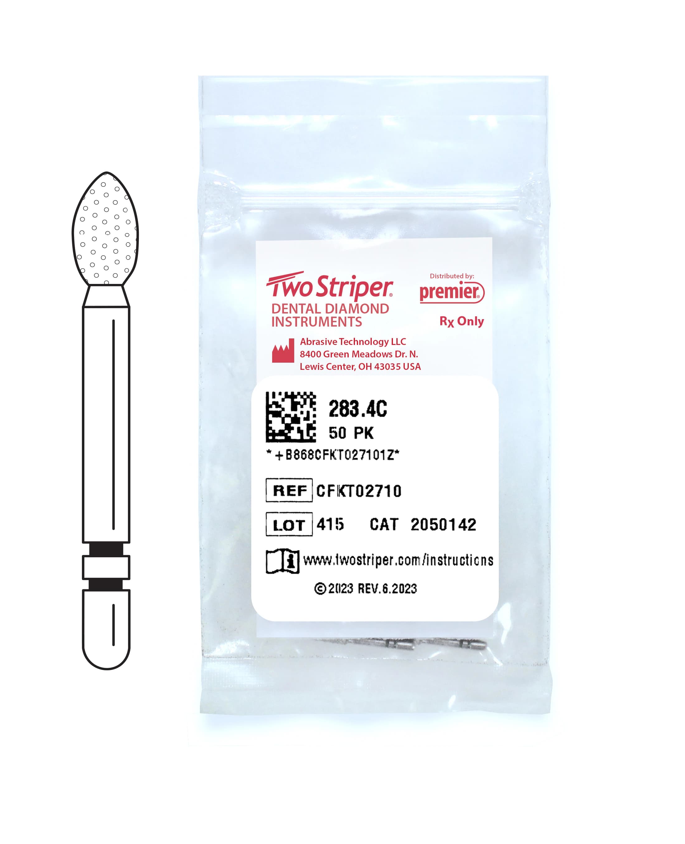 Two Striper® Diamond Bur FG, Coarse, Green, Football #283.4C, 2.5 mm Diameter, 4.0 mm Length, 50/Pkg, 2050142 - Two Striper® Diamond Burs – FG, Coarse, Green, Football - # 283, 2.5 mm Diameter, 4.0 mm Length, 50/Pkg - Image 1
