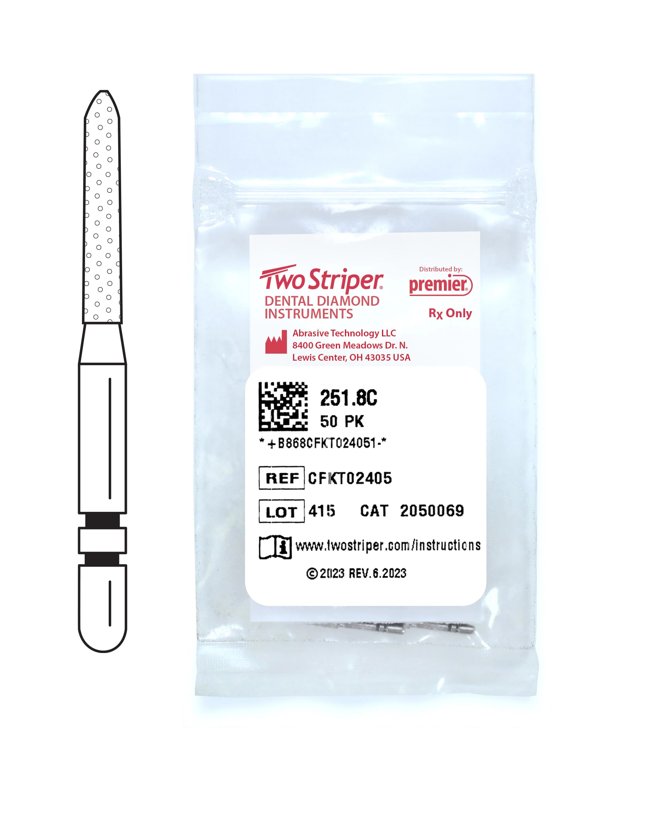 Two Striper® Diamond Bur FG, Coarse, Green Ring, Cylinder Bevel End #251.8C, 1.2 mm Major/0.4 mm Minor Diameter, 8.0 mm Length, 50/Pkg - Two Striper® Diamond Burs – FG, Coarse, Green, Cylinder Bevel End - # 251, 1.2 mm Major/0.4 mm Minor Diameter, 8.0 mm Length, 50/Pkg - Image 1
