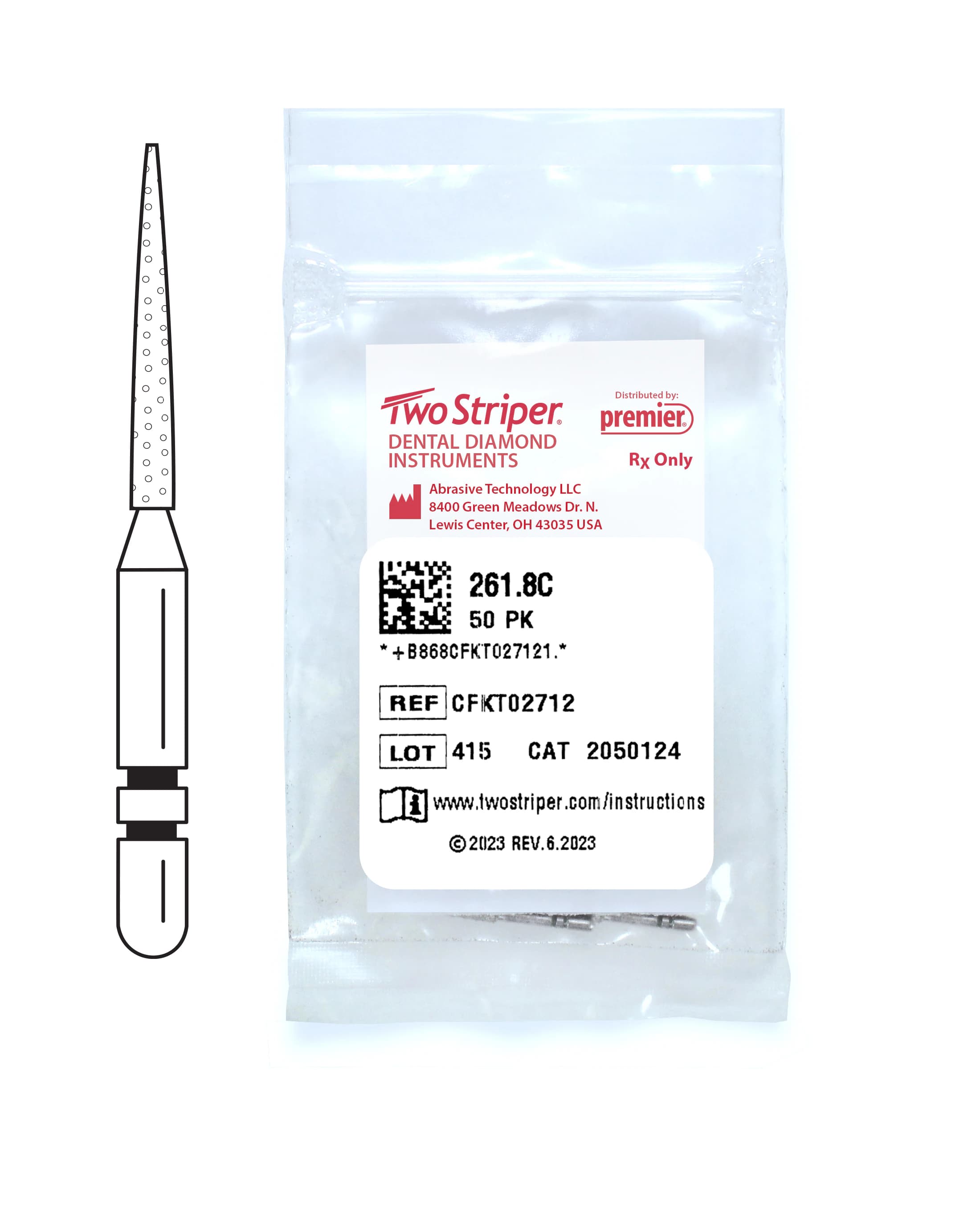 Two Striper® Diamond Bur FG, Coarse, Flame, #261.8C, 1.1 mm Major/0.4 mm Minor Diameter, 8.0 mm Length, 50/Pkg, 2050124 - Two Striper® Diamond Burs – FG, Coarse, Green, Flame - # 261, 1.1 mm Major/0.4 mm Minor Diameter, 8.0 mm Length, 50/Pkg - Image 1