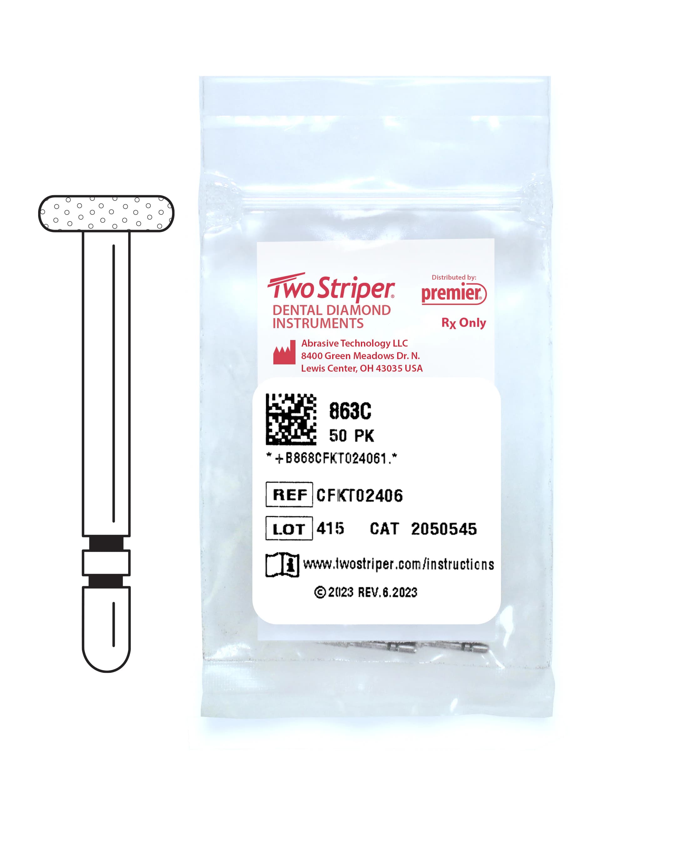 Two Striper® Diamond Bur FG, Coarse, Green, Wheel #863C, 4.7 mm Diameter, 50/Pkg, 2050545 - Two Striper® Diamond Burs – FG, Coarse, Green, Wheel - # 863, 4.7 mm Diameter, 50/Pkg - Image 1