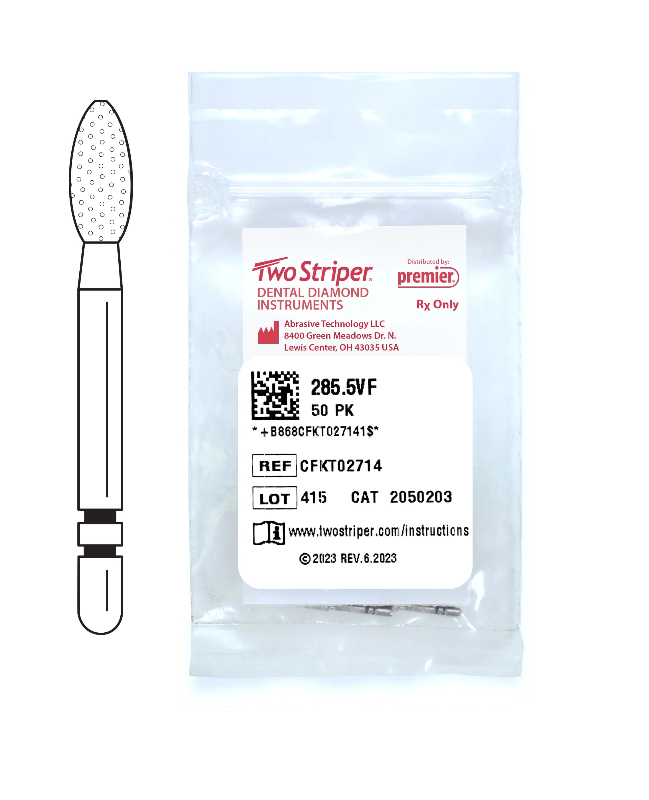 Two Striper® Diamond Bur FG, Very Fine, Yellow, Football #285.5VF, 2.3 mm Major/0.7 mm Minor Diameter, 5.0 mm Length, 50/Pkg, 2050203 - Two Striper® Diamond Burs – FG, Very Fine, Yellow, Football - # 285, 2.3 mm Major/0.7 mm Minor Diameter, 5.0 mm Length, 50/Pkg - Image 1