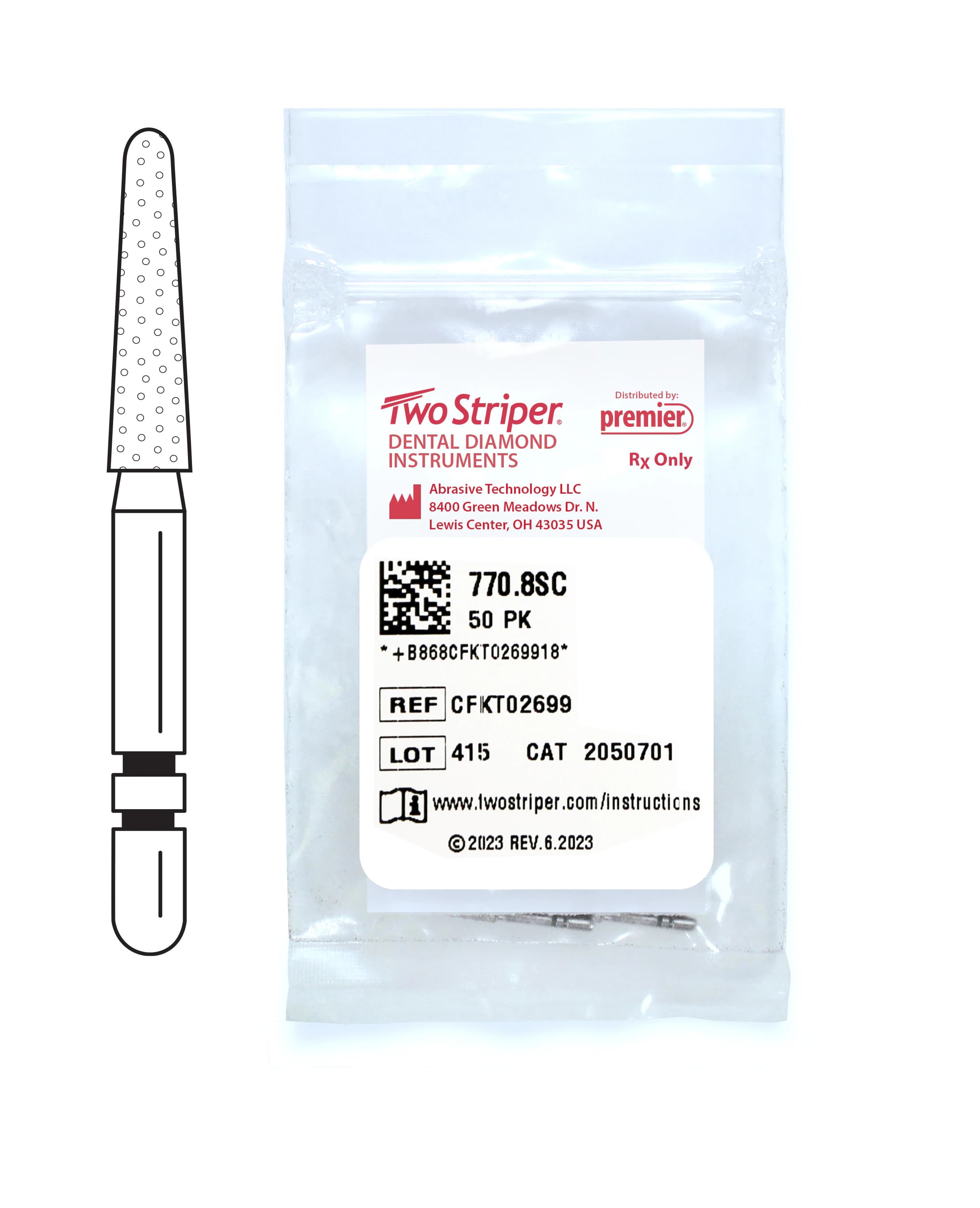 Two Striper® Black Ultra-Premium Diamond Bur, Super Coarse - #770.8, Friction Grip, Round End Taper, 50/Pkg, 2050701 - Two Striper® Black Ultra-Premium Diamond Burs, Super Coarse - # 770.8, 50/Pkg - Image 1