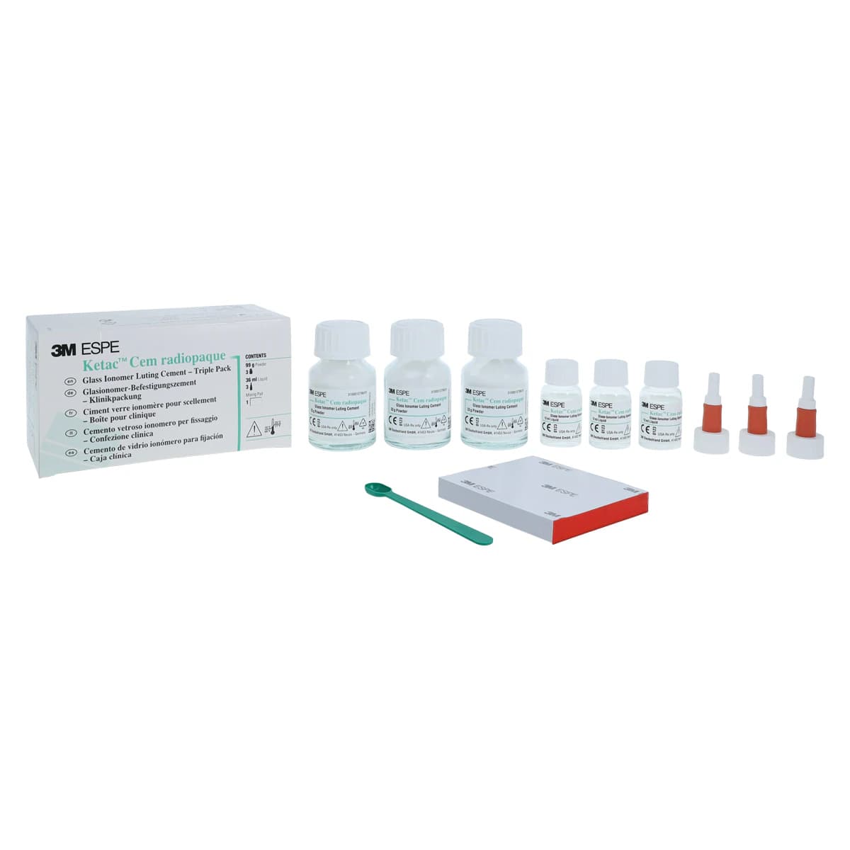 3M (Solventum) Ketac Cem Radiopaque Permanent Glass Ionomer Luting Cement Triple Pack, 3 x 33 g Powder / 3 x 12 ml Liquid, 37231 - Paradigm Nano Hybrid Universal Composite A4 3 g Syringe Refill - Image 1