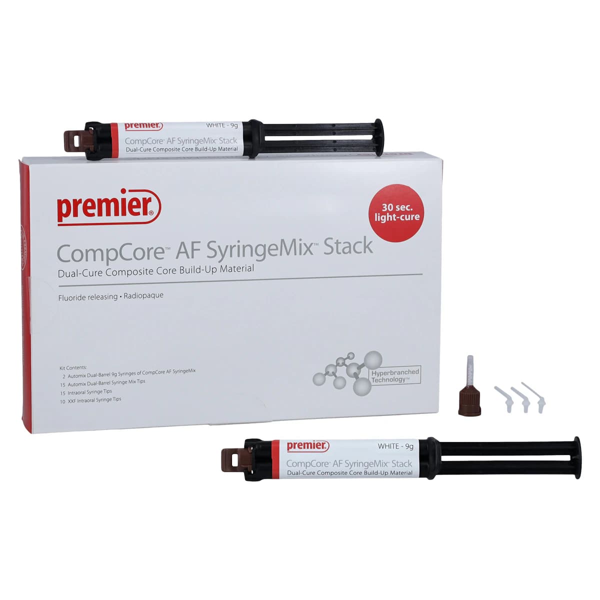 Premier CompCore AF SyringeMix STACK Dual-Cure Core Build-Up Material, White, Introductory Kit (2 x 9 g Syringes, 15 Mix Tips, 15 Standard & 10 Extra-Fine Intraoral Tips), #3001512 thumbnail 2