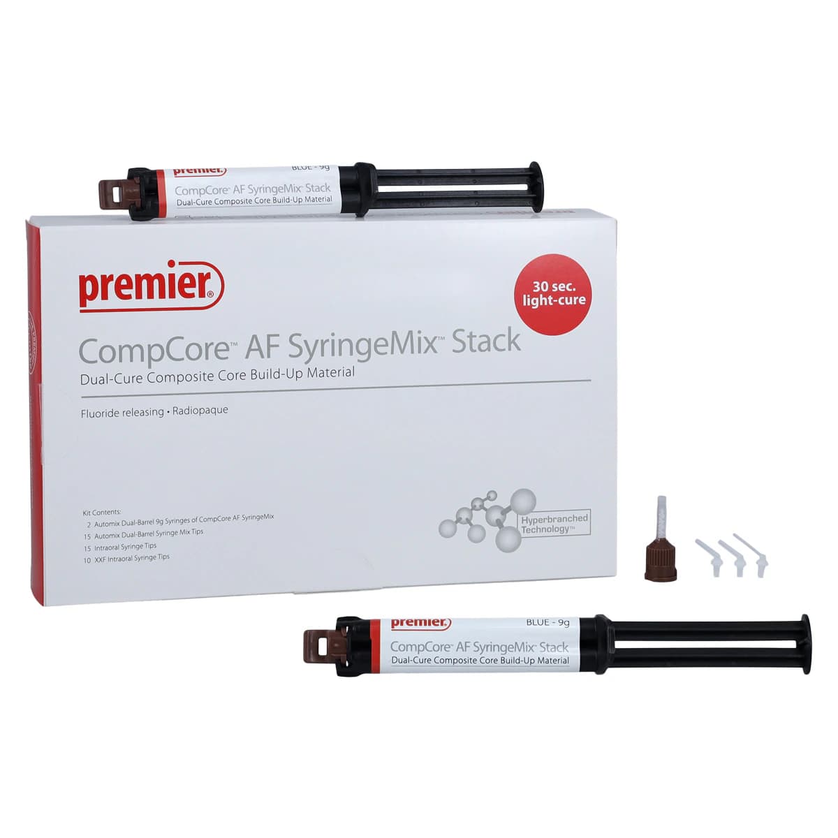CompCore AF SyringeMix STACK Core Build-Up Material, Dual-Cure, Intro Kit, Blue, 2 x 9 g Syringes, 3001514 - CompCore AF SyringeMix STACK Core Build-Up Material, Dual-Cure, Intro Kit, 9 g, Blue, 2/Pk, 3001514 - Image 1