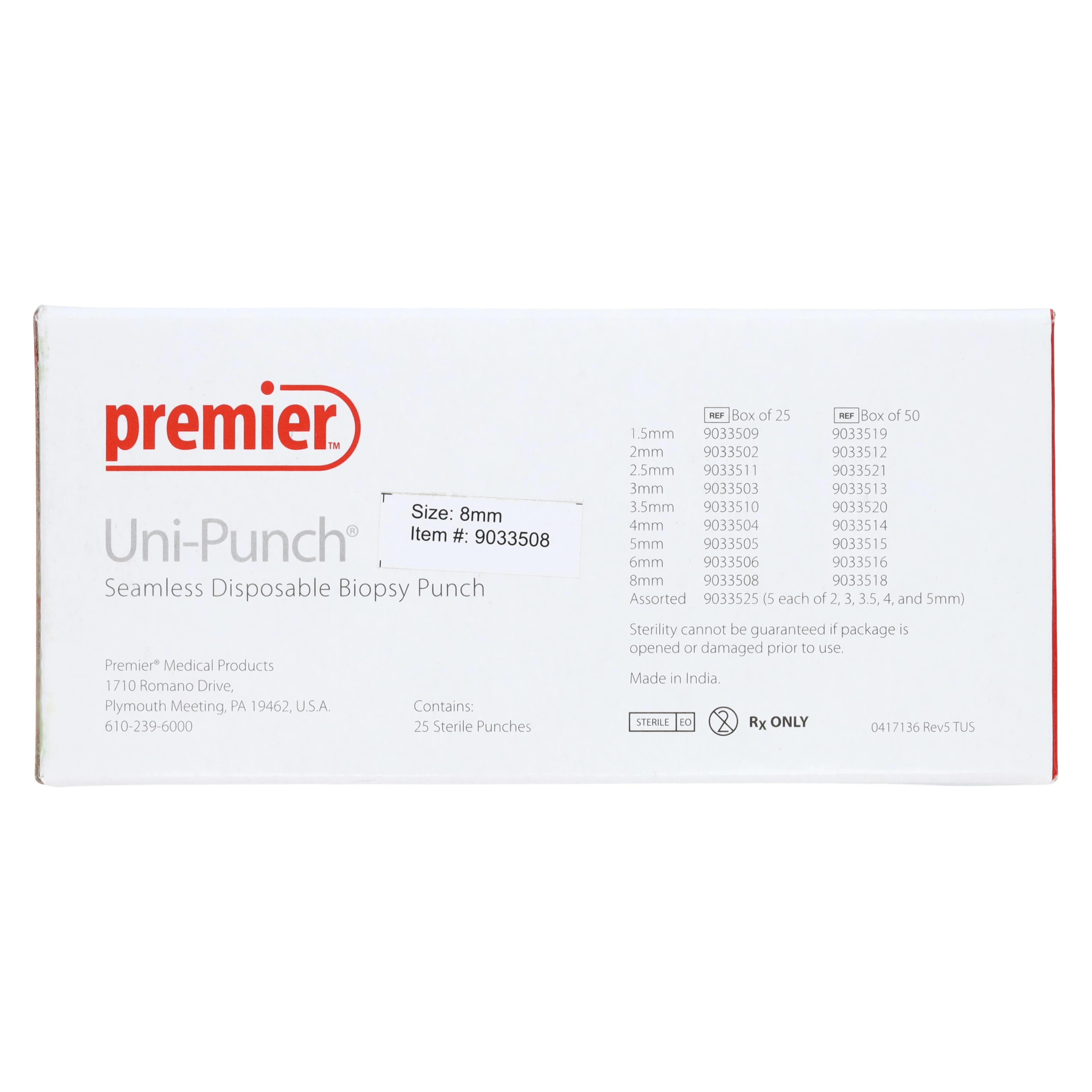 Premier Uni-Punch Seamless Disposable Biopsy Punch, 8mm, Sterile, 25/Box, 9033508 thumbnail 4