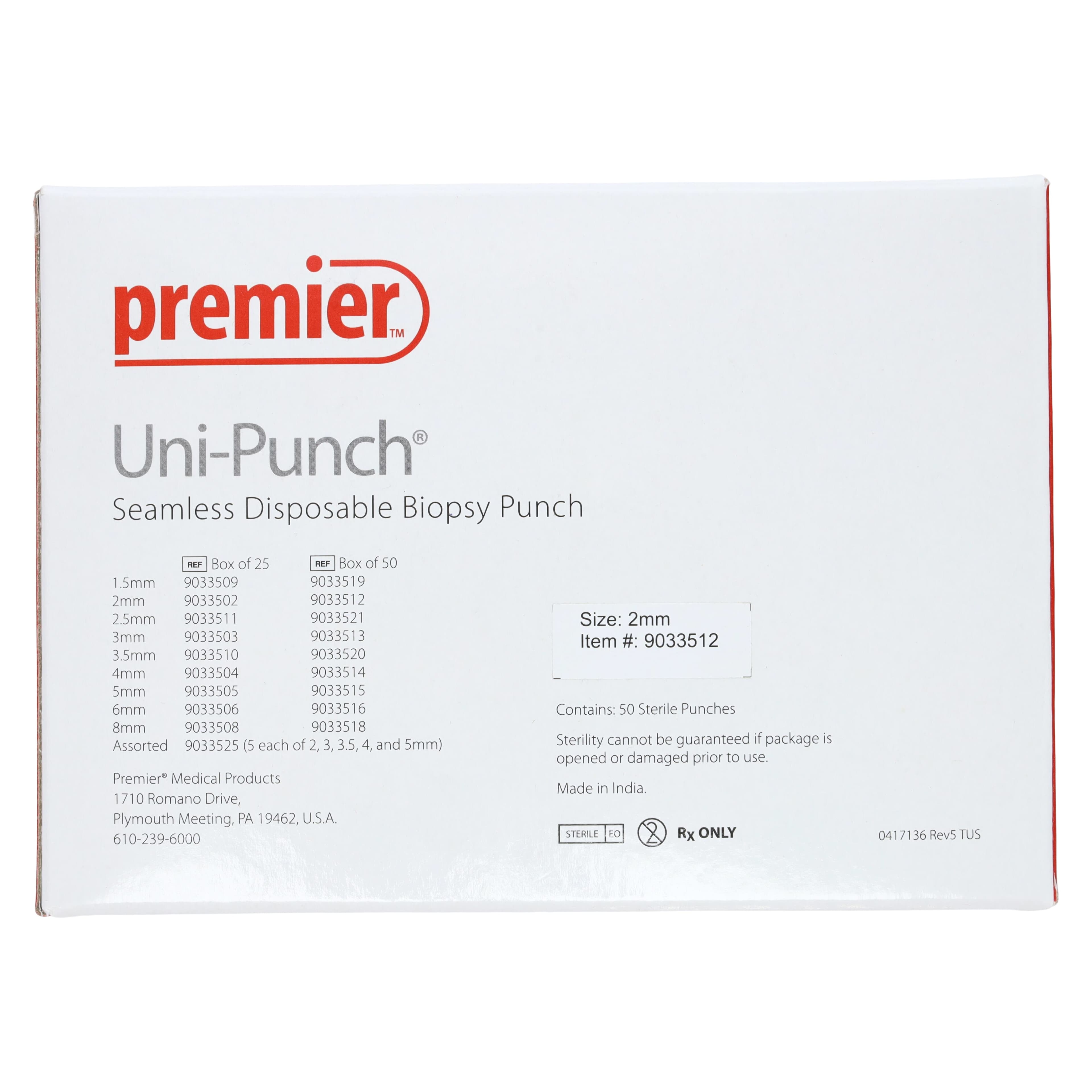 Premier Uni-Punch Seamless Disposable Biopsy Punch, 2mm, Sterile, 50/Box, 9033512 thumbnail 4