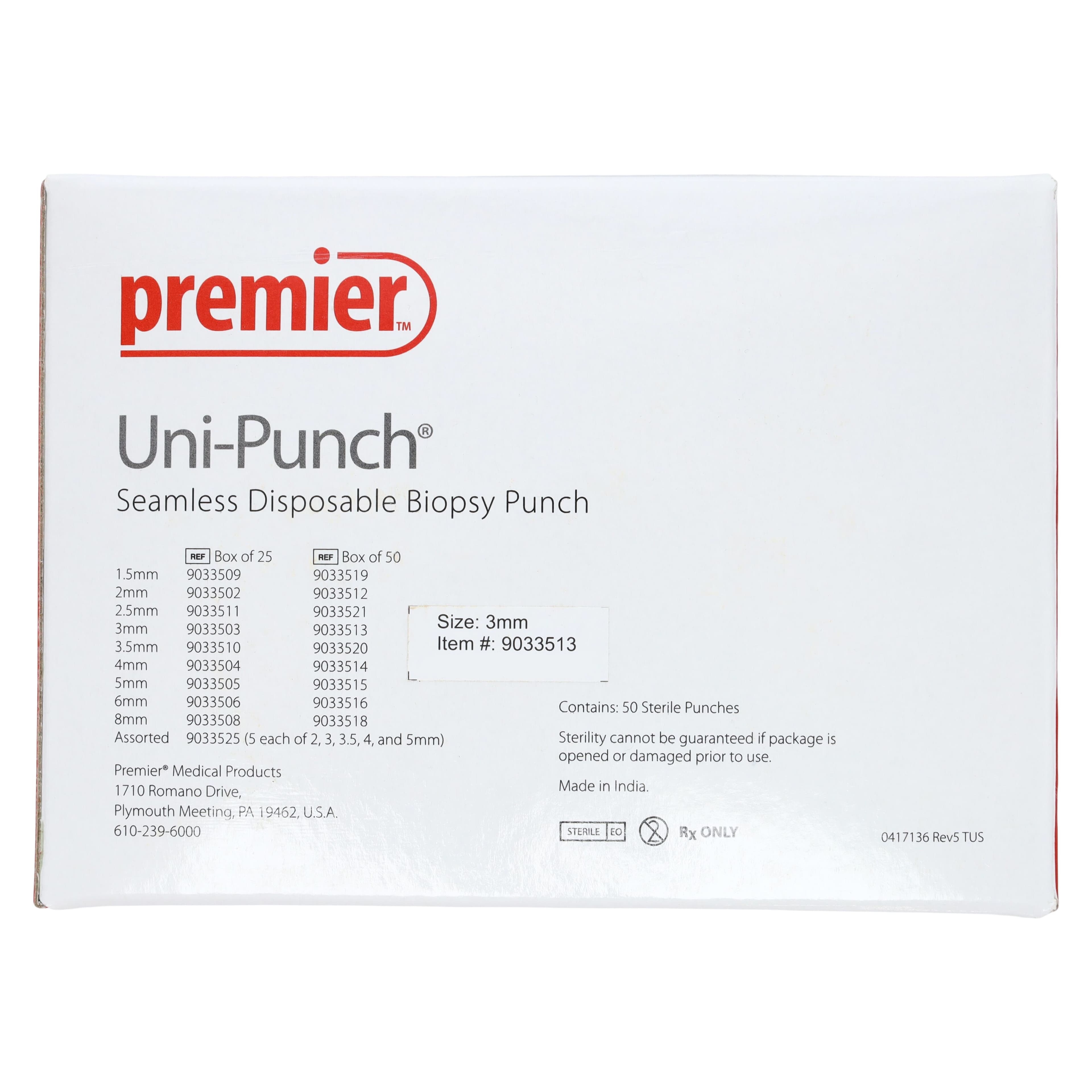 Premier Uni-Punch Seamless Disposable Biopsy Punch, 3.0 mm, Sterile, Box of 50, 9033513 thumbnail 4
