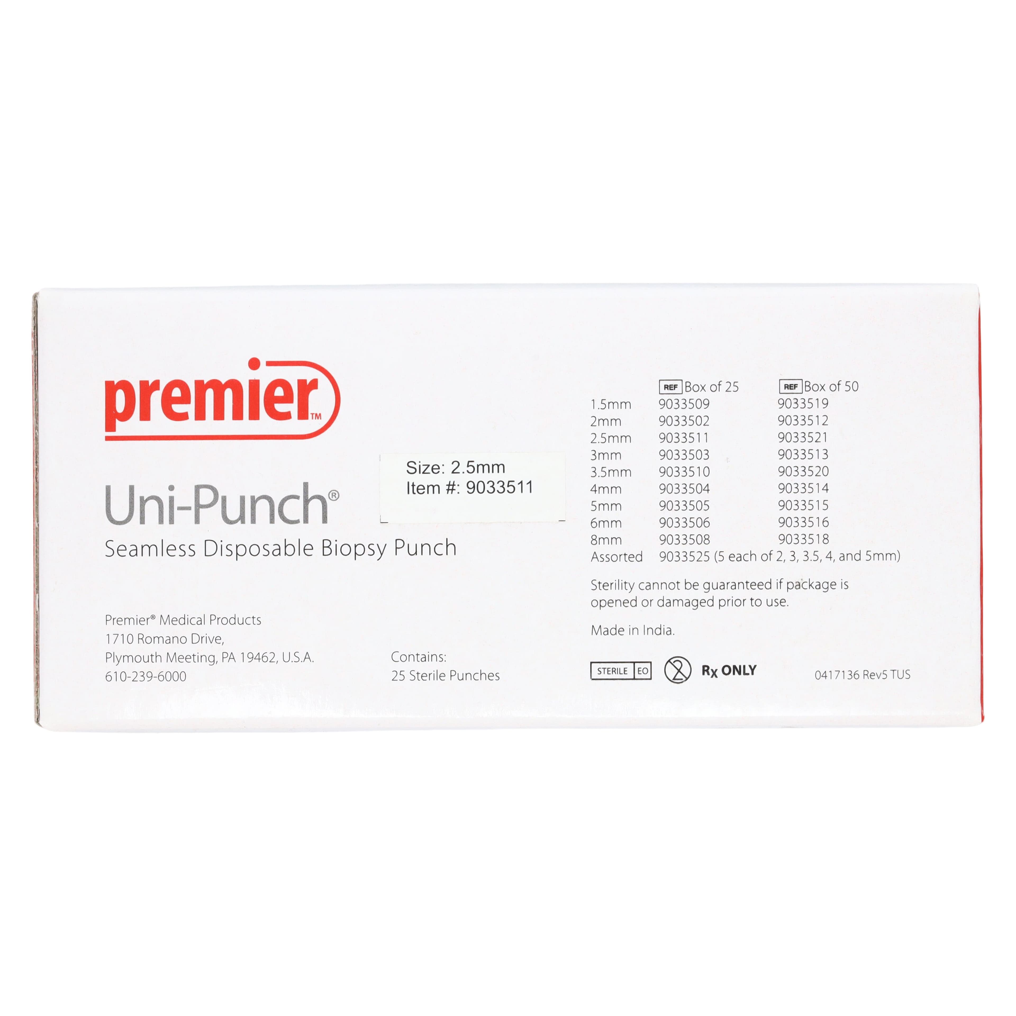 Premier Uni-Punch Seamless Disposable Biopsy Punch, 2.5 mm, Sterile, 25/Box, 9033511 thumbnail 4