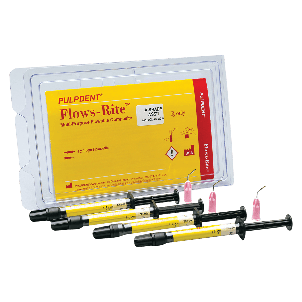 Pulpdent Flows-Rite Flowable Composite Syringe Refill, Shade A3.5, 4 x 1.5g Syringes with 20 Applicator Tips, FKA35 - Flows-Rite A3.5 1.5g Syringe Refill Pack of 4 - Image 1