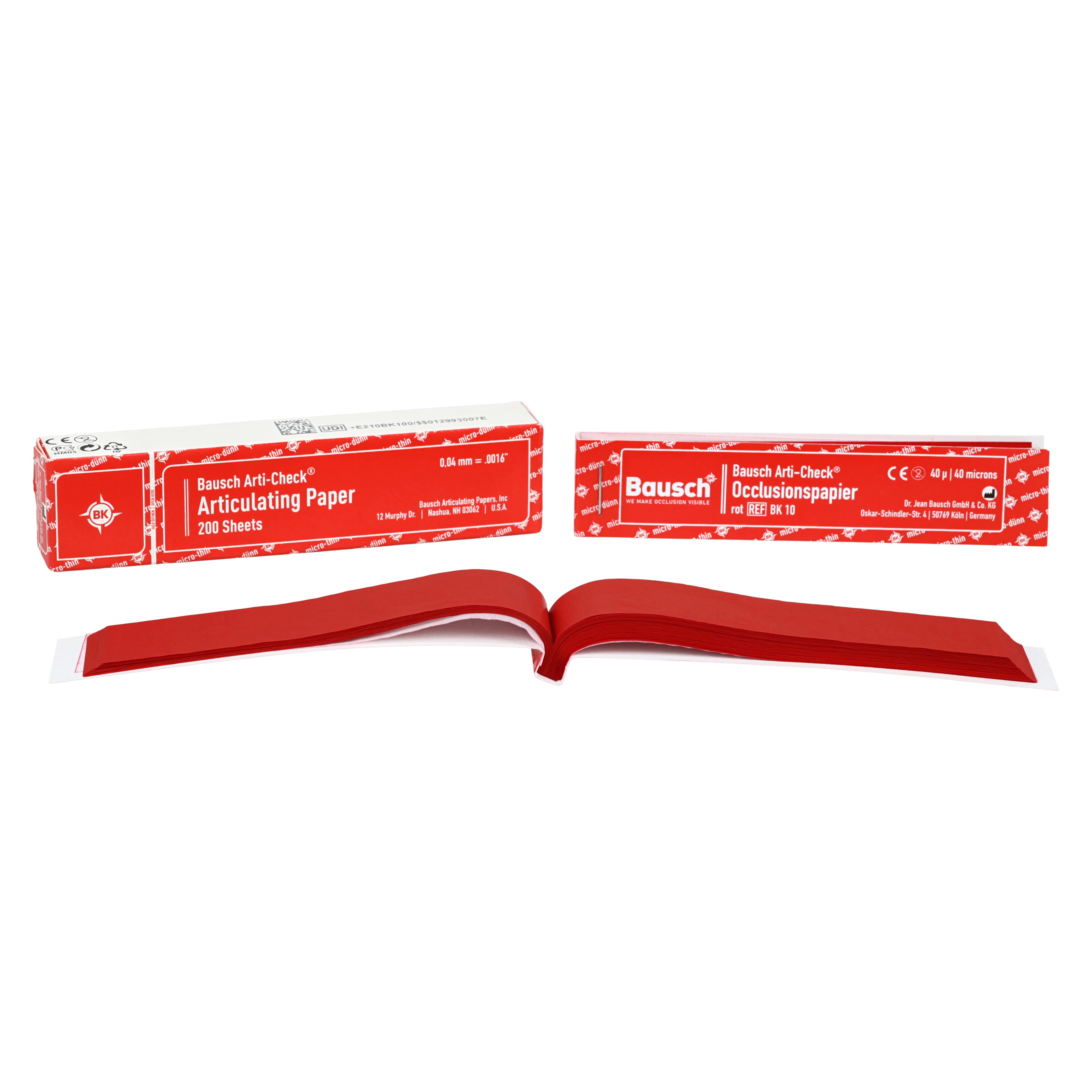 Bausch Arti-Check Articulating Paper Strips, Straight Booklets, 104 x 20 mm, 40 Microns, Red, 200/Pk, BK-10 - Arti-Check Articulating Paper Strips, Straight Booklets, 104 x 20 mm, 40 microns, Red, 200/Pk, BK10 - Image 1
