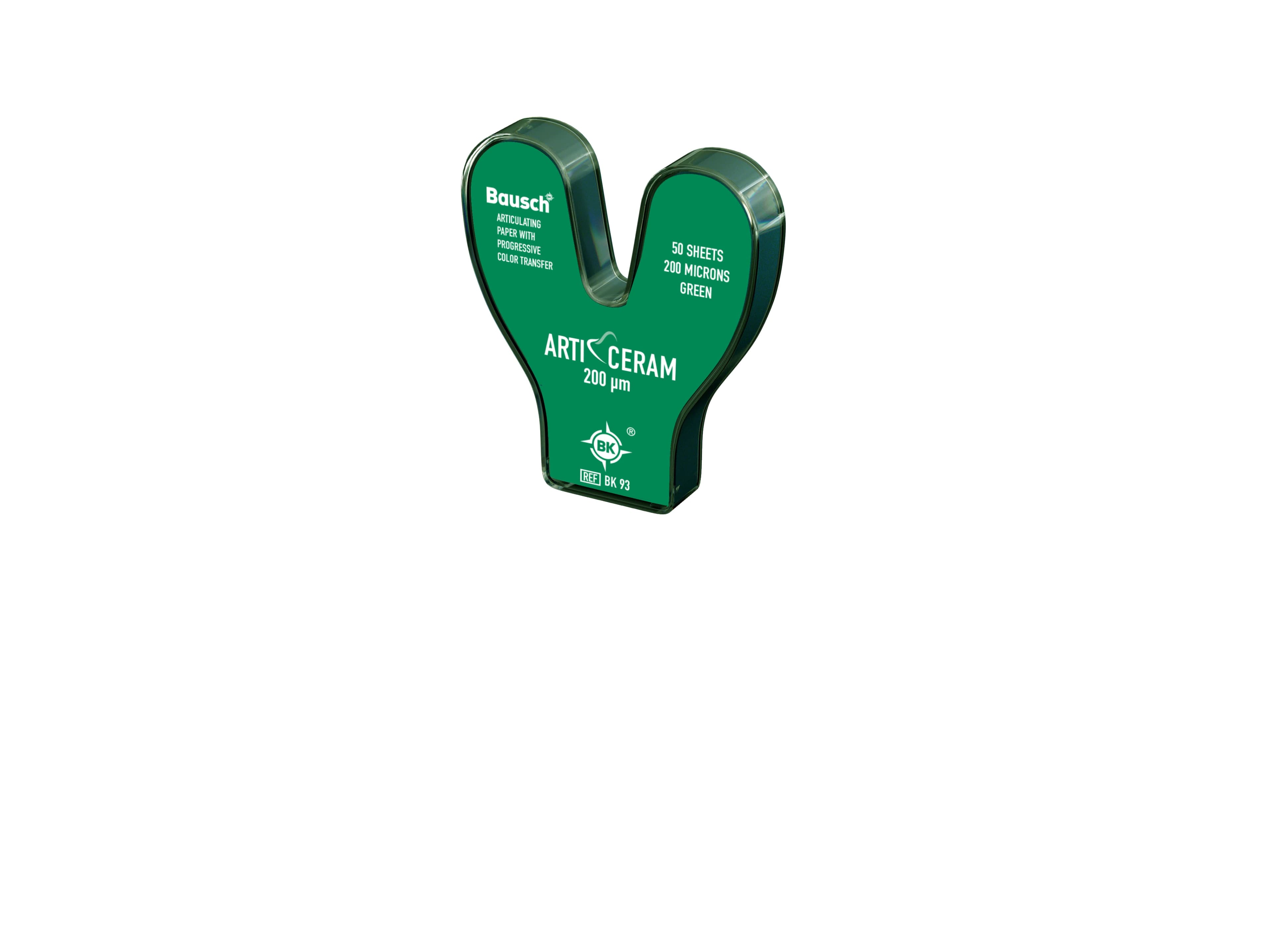 Bausch Arti-Ceram Articulating Paper, Horseshoe Shape, Green, 200 Microns, 52 mm x 20 mm, 50 Sheets/Box - Art Paper Horseshoe Green - Image 1