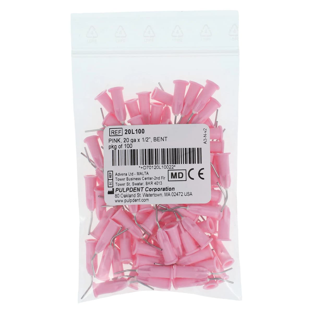 Pulpdent Kool-Dam Pre-Bent Applicator Tips, 20 Gauge x 1/2", Pink, 100/Pkg, 20L100 thumbnail 3