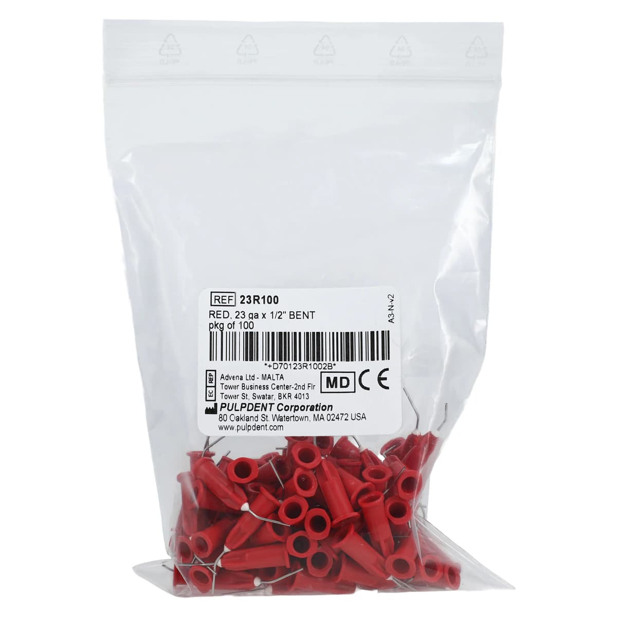 Pulpdent Pre-Bent Applicator Tips, 23 Gauge x 1/2", Red, Luer Lock, 100/Pk, 23R100 thumbnail 3